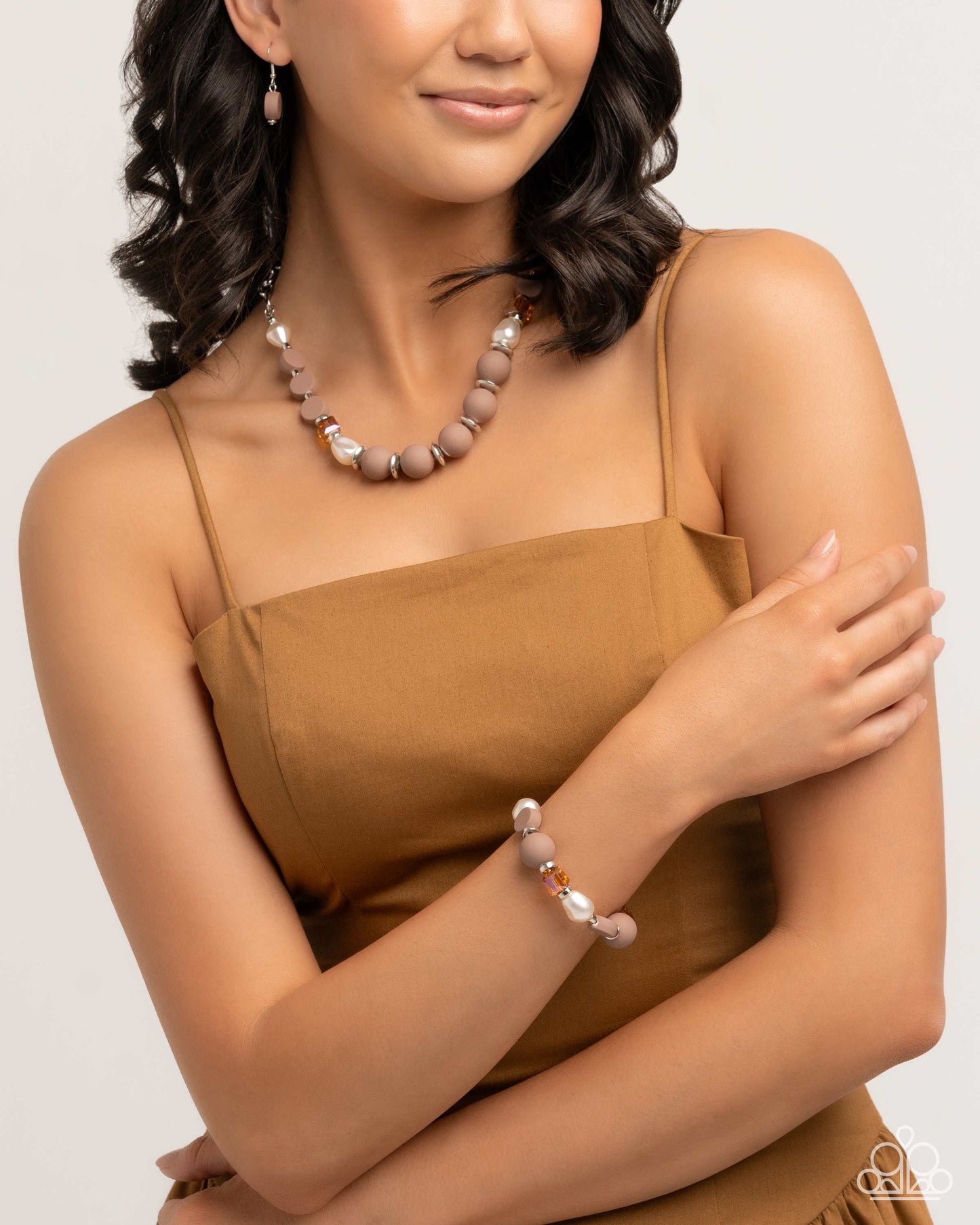 Like-Minded - Brown Beads Silver Discs Topaz Cubes White Pearls Silver Paperclip Chain Stretch Bracelet