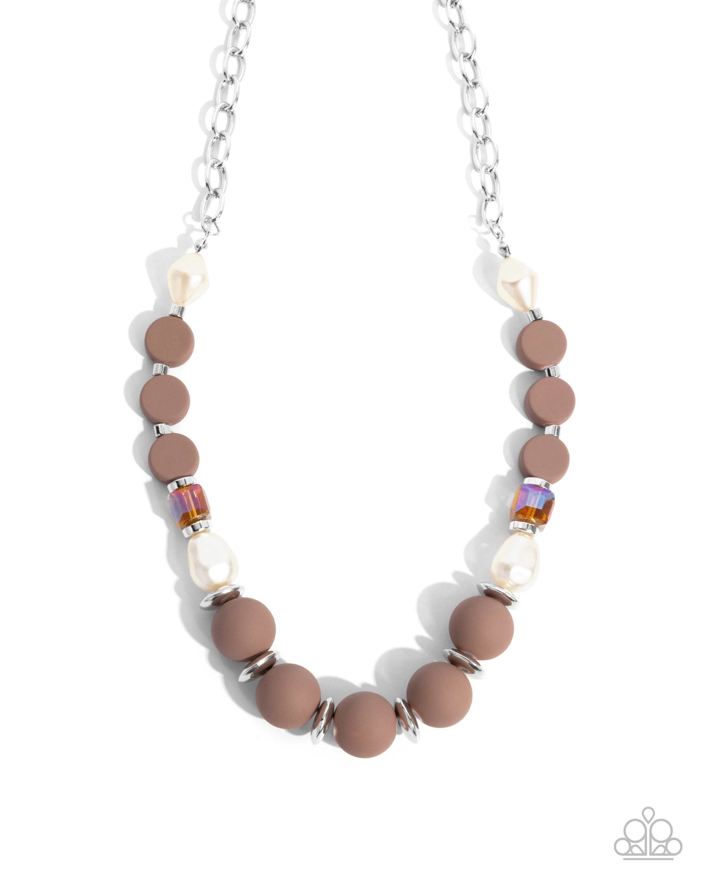 And Just Like That... - Brown Beads Silver Discs Topaz Cubes White Pearls Silver Paperclip Chain Short Necklace