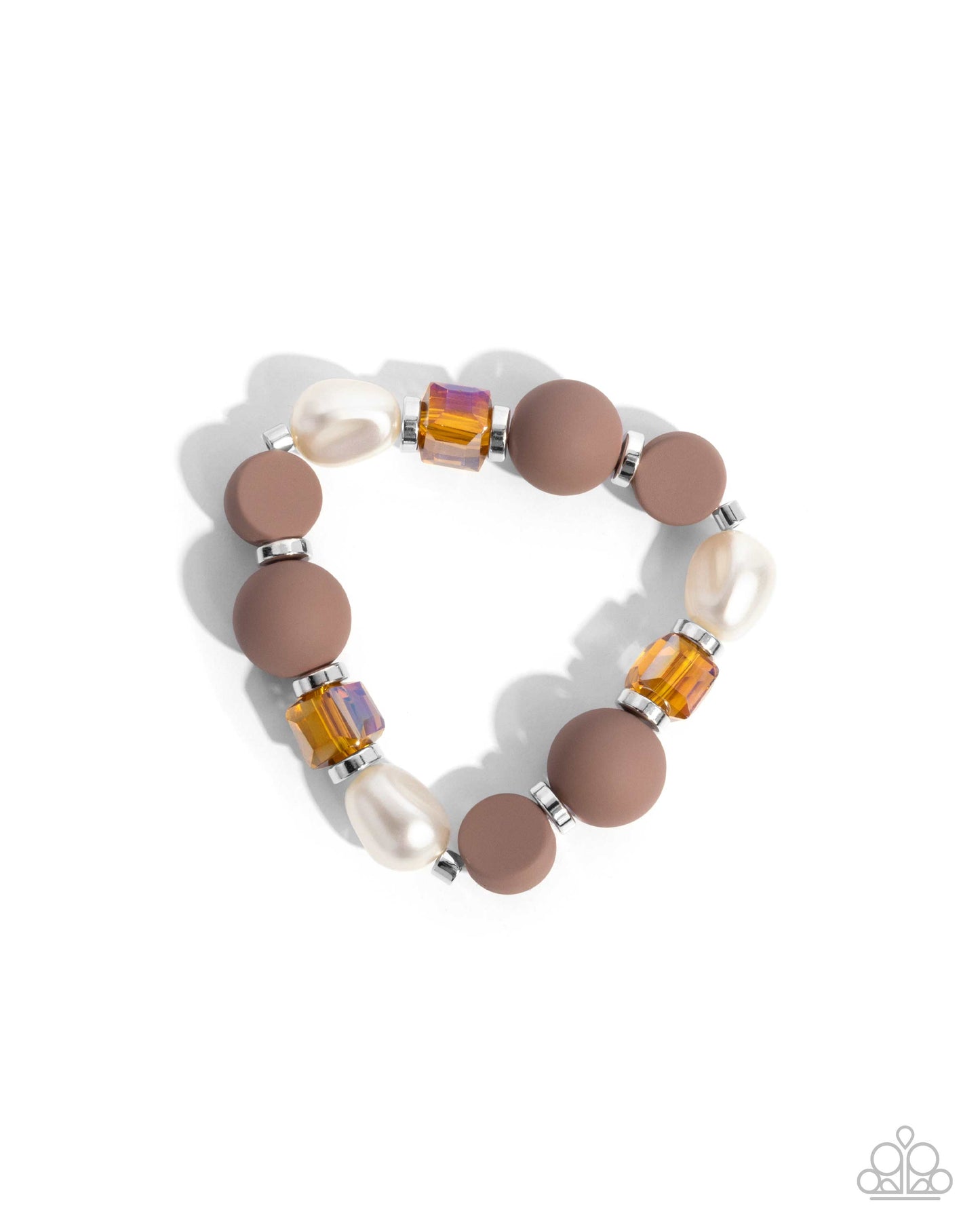Like-Minded - Brown Beads Silver Discs Topaz Cubes White Pearls Silver Paperclip Chain Stretch Bracelet