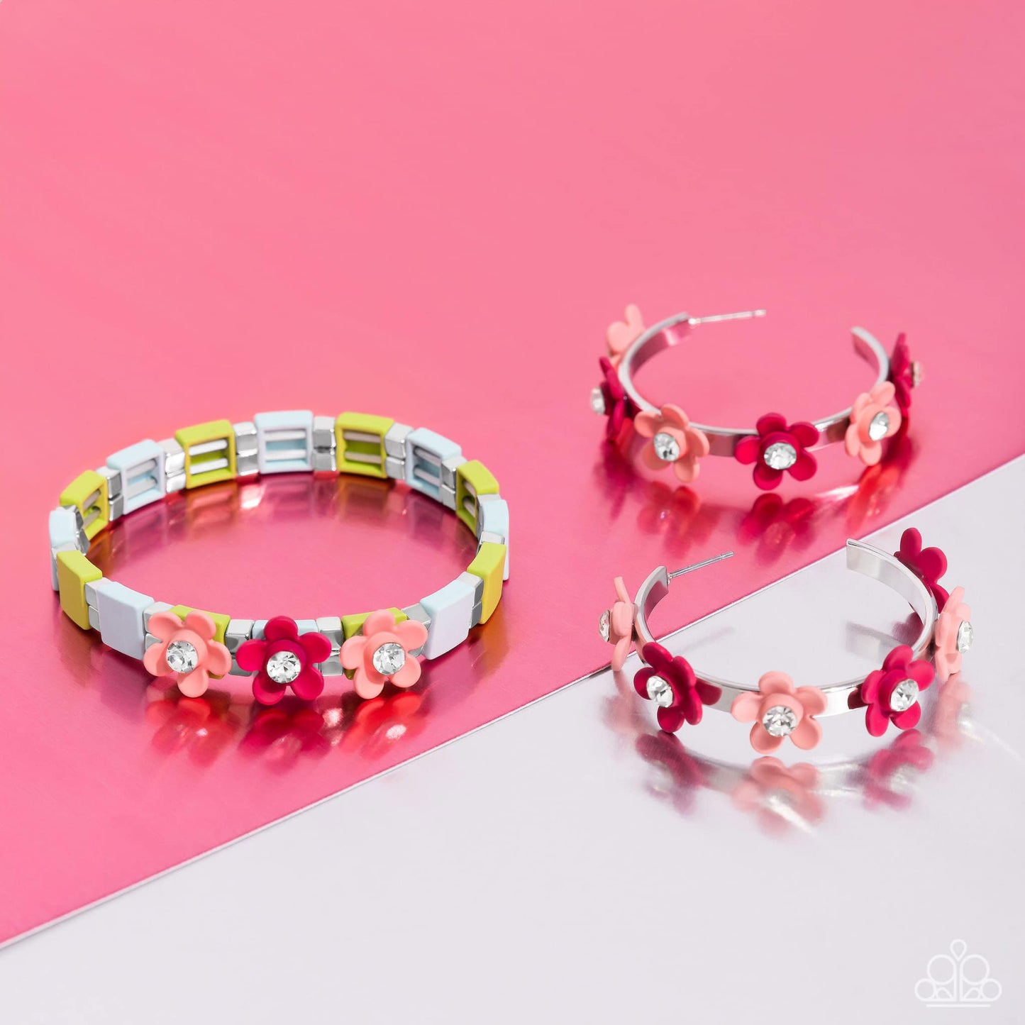 Strictly Springtime - Peach Pink and Pink Clay Flower White Hoop Post Earrings - Exclusive