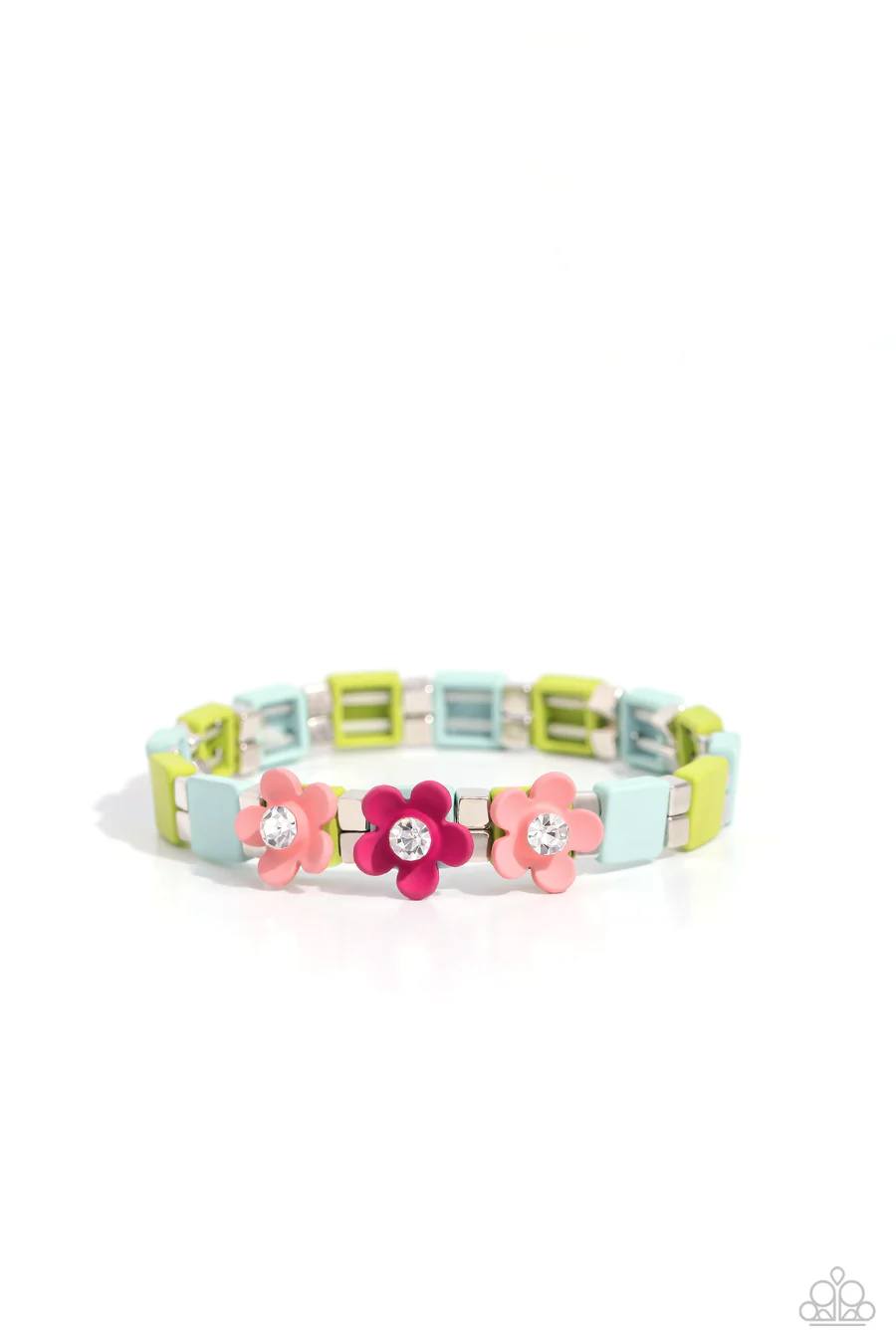 PERFECT MATCH / SET: Sincerely Springtime - Peach Pink and Pink Clay Flower, Green and Blue Stretchy Bracelet AND Strictly Springtime - Peach Pink and Pink Clay Flower White Hoop Post Earrings
