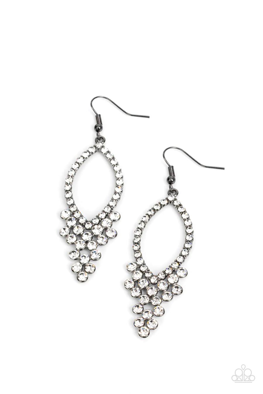 GLOWING off the Deep End - Black Gunmetal White Rhinestone Fishhook Earrings