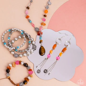 Garden Party Pattern - Orange Colorful Stone Brown Cord Slide Bracelet - Fashion Fix, November 2023