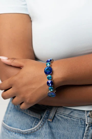 Refreshing Radiance - Blue UV Iridescent Gem Silver Stretchy Bracelet - Life of the Party