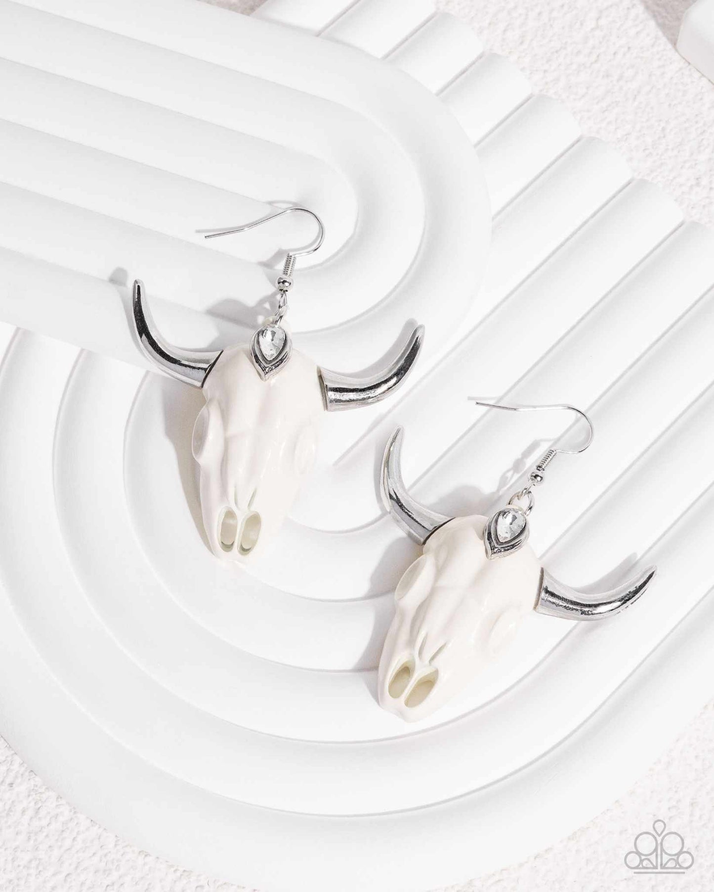 Southwestern Skull - White Bull Skull, Gem, and Silver Horns Western Fishhook Earrings - 2024 Convention Exclusive