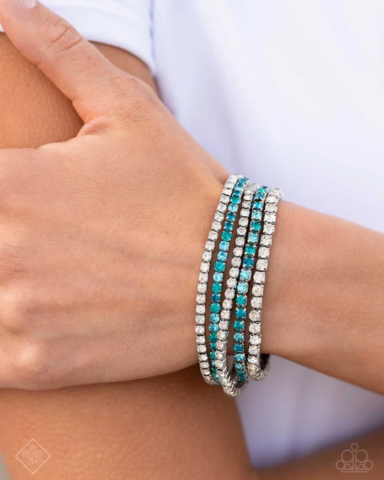 Feminine Fan - Blue and White Rhinestone Silver Stretchy Bracelet Set - Fashion Fix