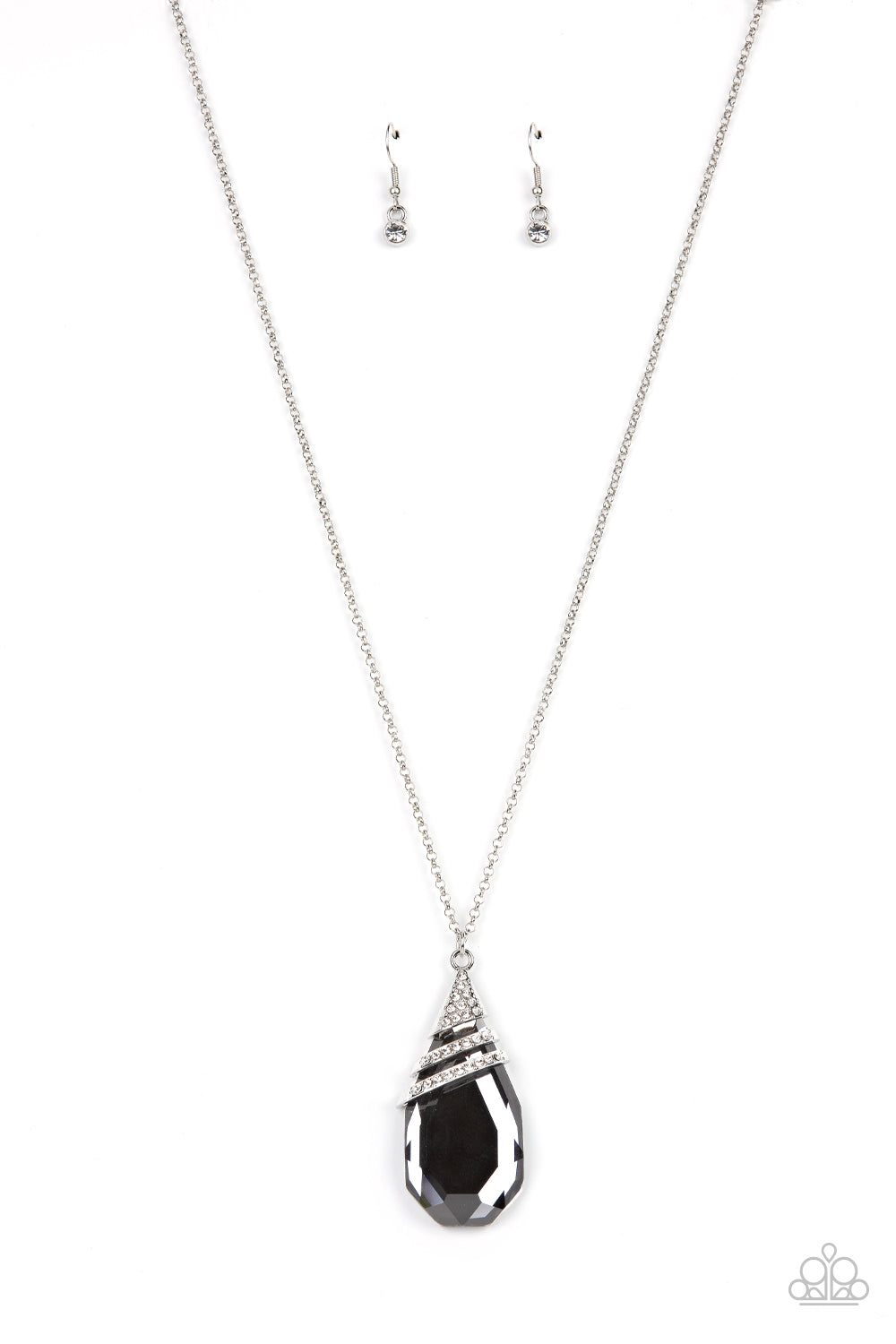 Demandingly Diva - Silver Smoky Gem with White Rhinestones Pendant Long Necklace