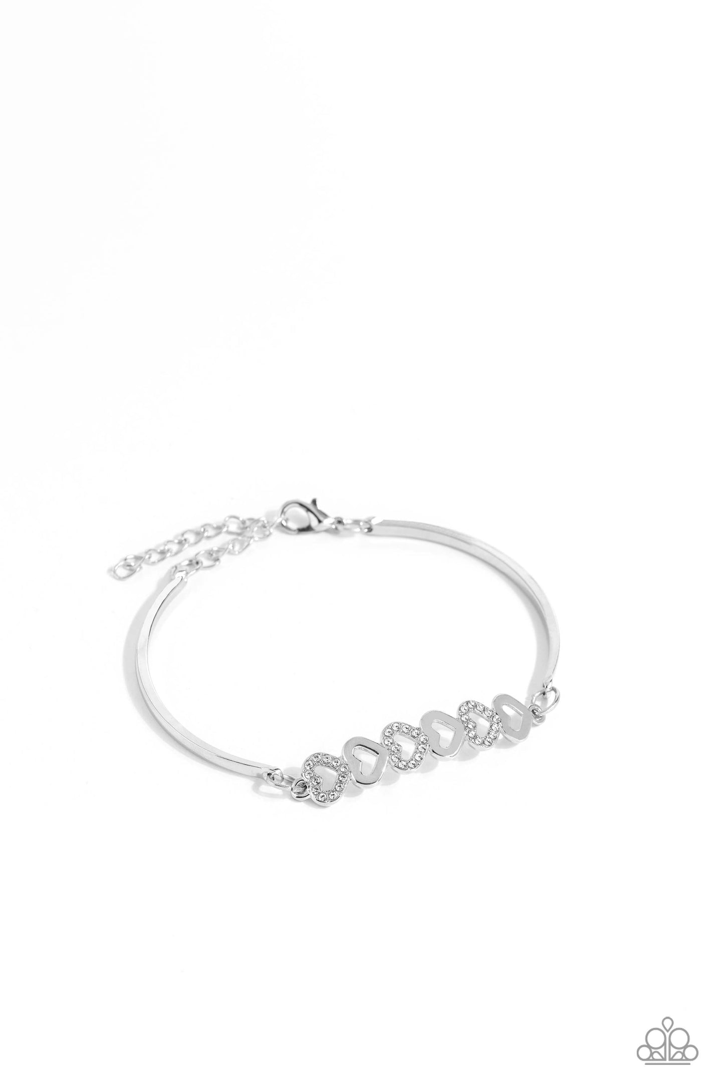 Attentive Admirer - White Rhinestone Silver Heart Clasp Bracelet