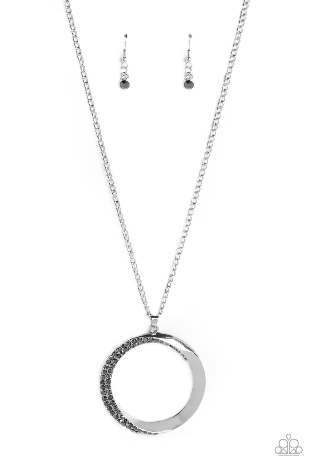 PERFECT MATCH / SET: Encrusted Elegance - Hematite Circle Pendant Silver Medium Necklace AND Artistically Adorned - Hematite Silver Hinged Bracelet