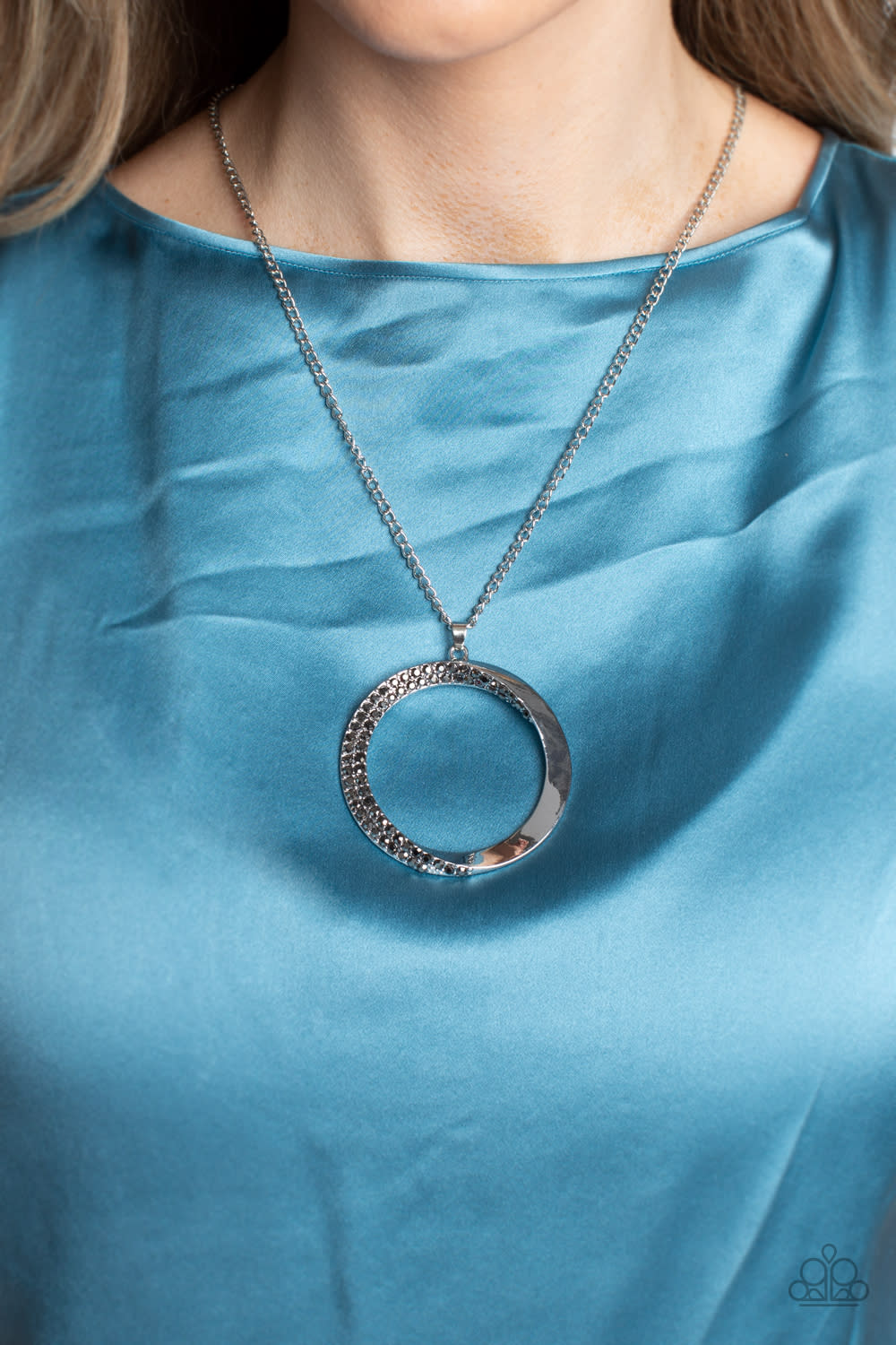 PERFECT MATCH / SET: Encrusted Elegance - Hematite Circle Pendant Silver Medium Necklace AND Artistically Adorned - Hematite Silver Hinged Bracelet