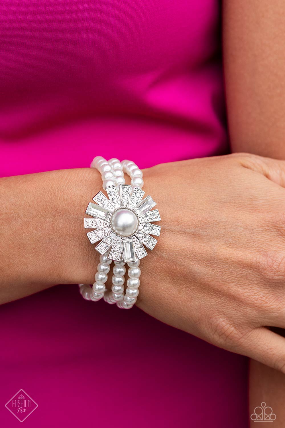 Gifted Gatsby - White Pearl Silver Flare Stretchy Bracelet - Fashion Fix