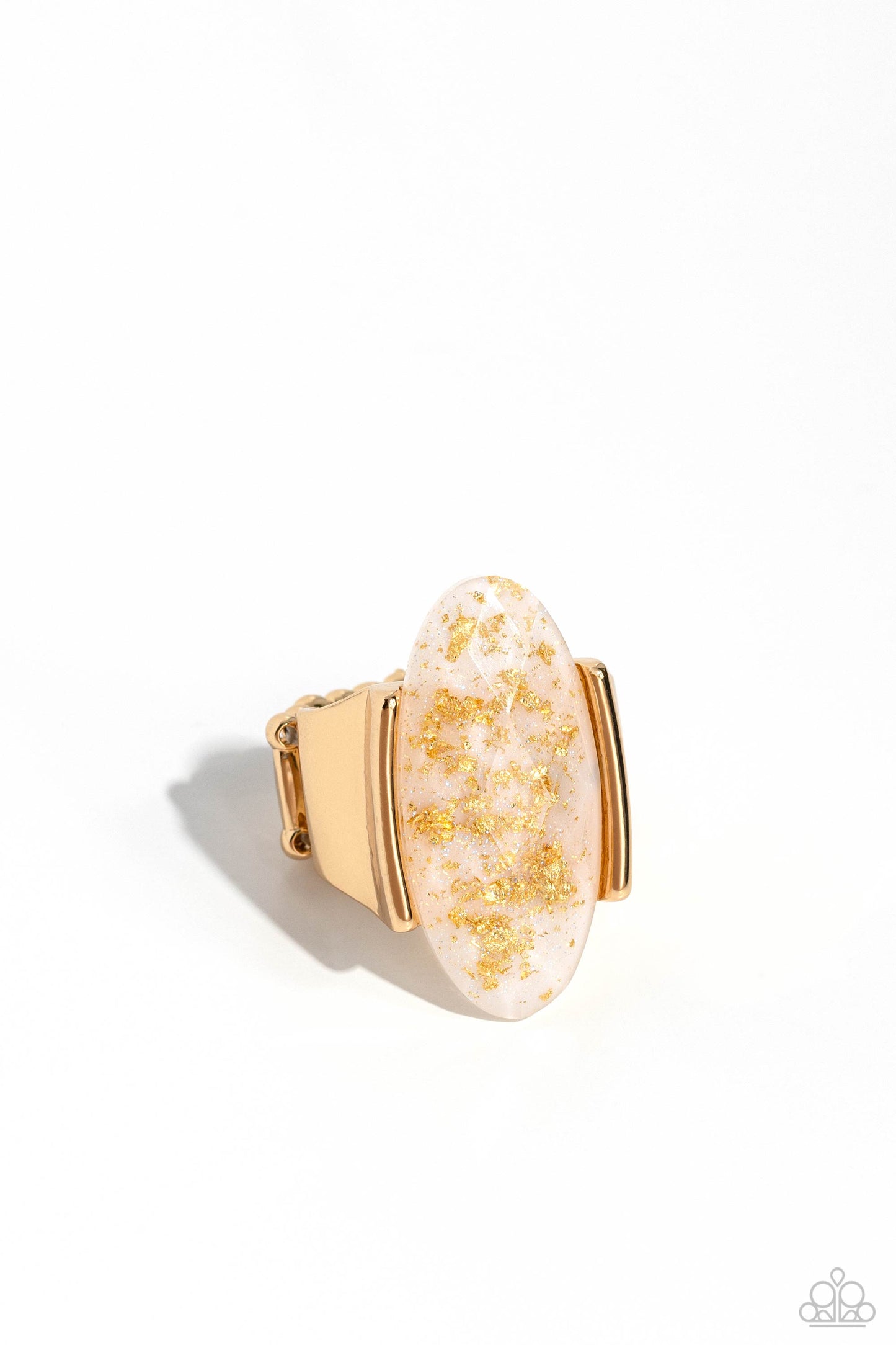 Shimmery Sovereign - White with Gold Flecks Oval Ring