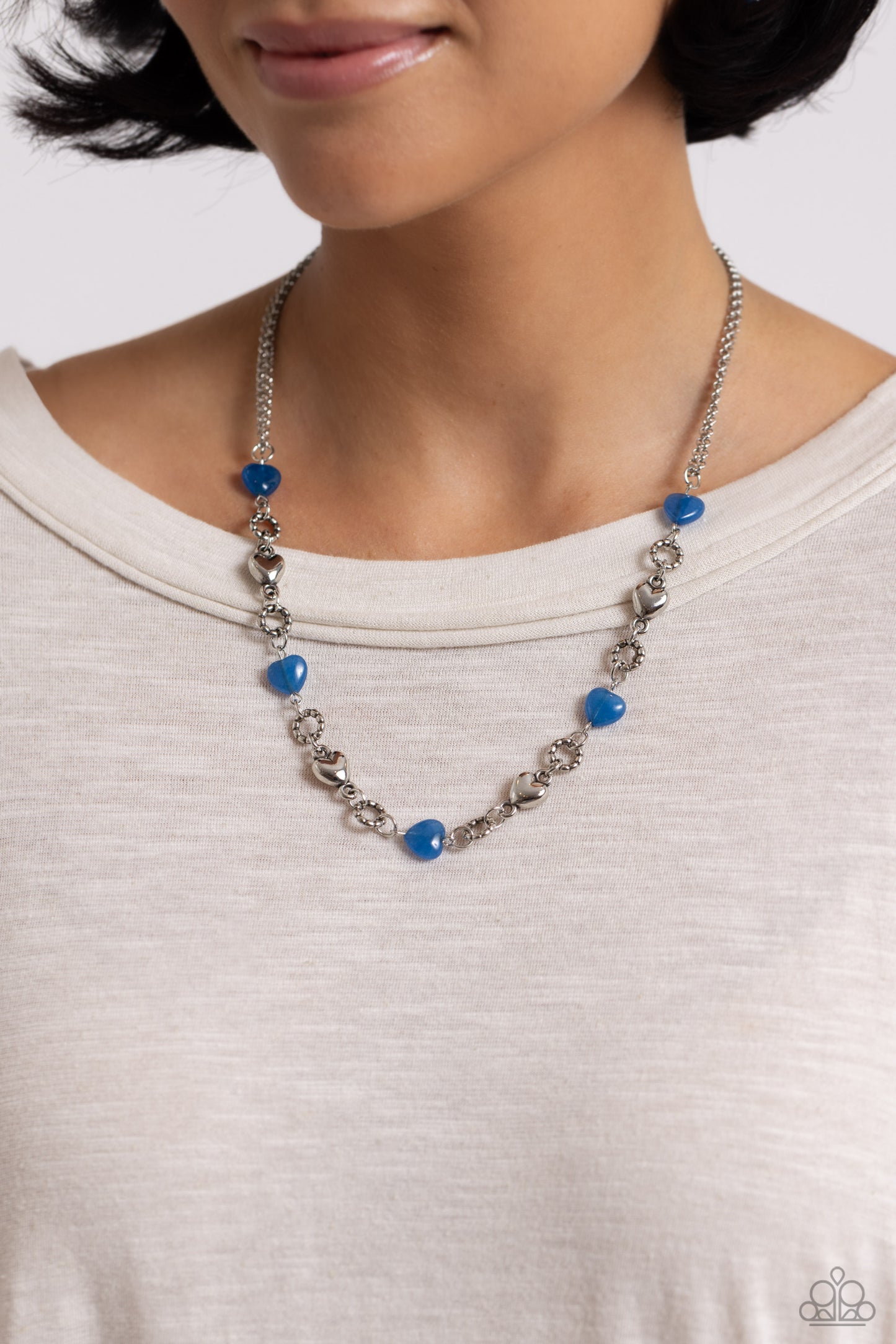 PERFECT MATCH / SET: My HEARTBEAT Will Go On - Blue Stone Heart Silver Short Necklace AND I Can Feel Your Heartbeat - Blue Stone Heart Silver Clasp Bracelet