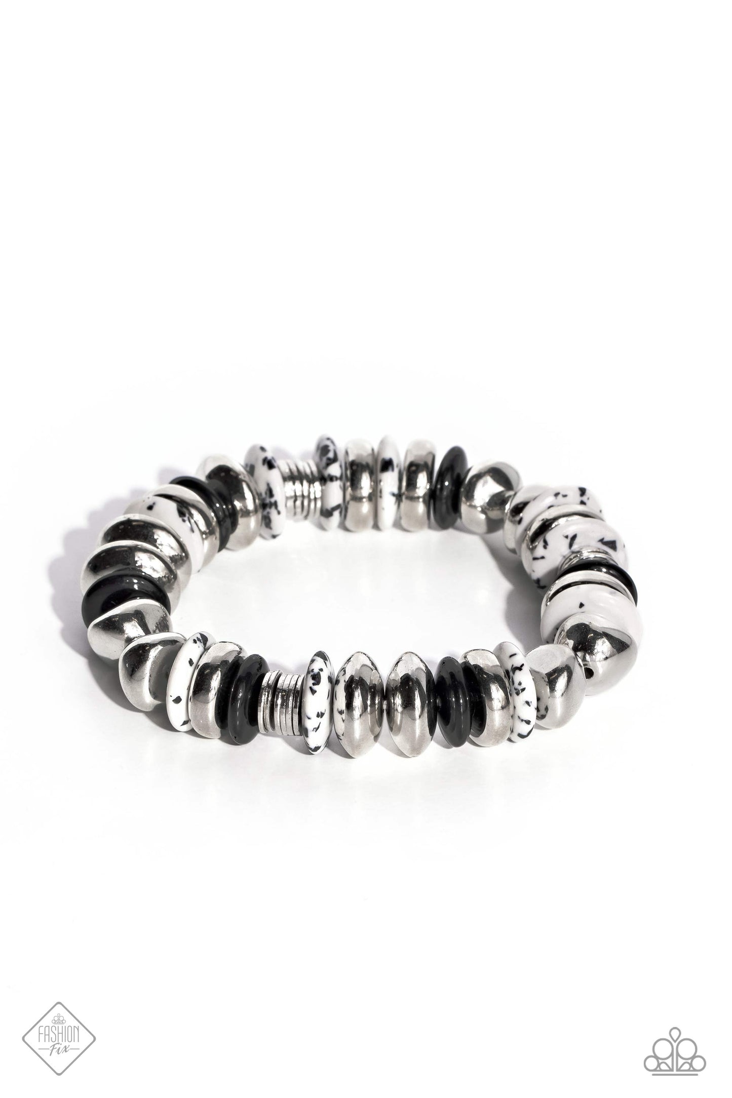 Harmoniously High-End - Black and White Stone Silver Bead Stretchy Bracelet - Fashion Fix