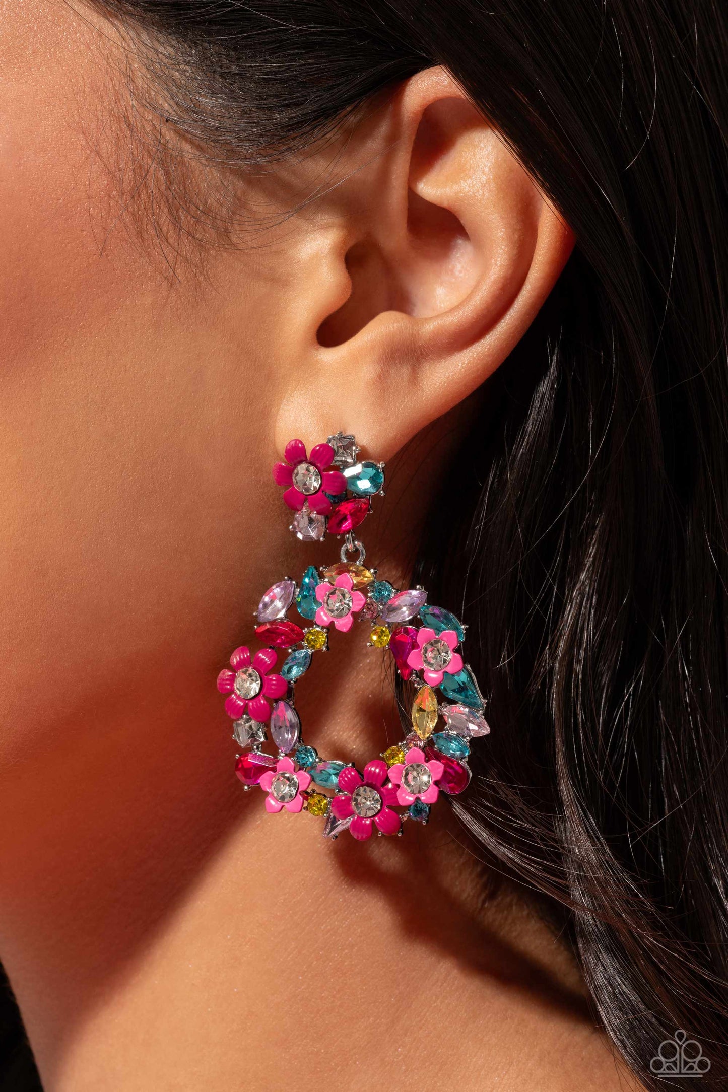 Wreathed in Wildflowers - Multi Color Gem Pink Flower Post Earrings - Life of the Party