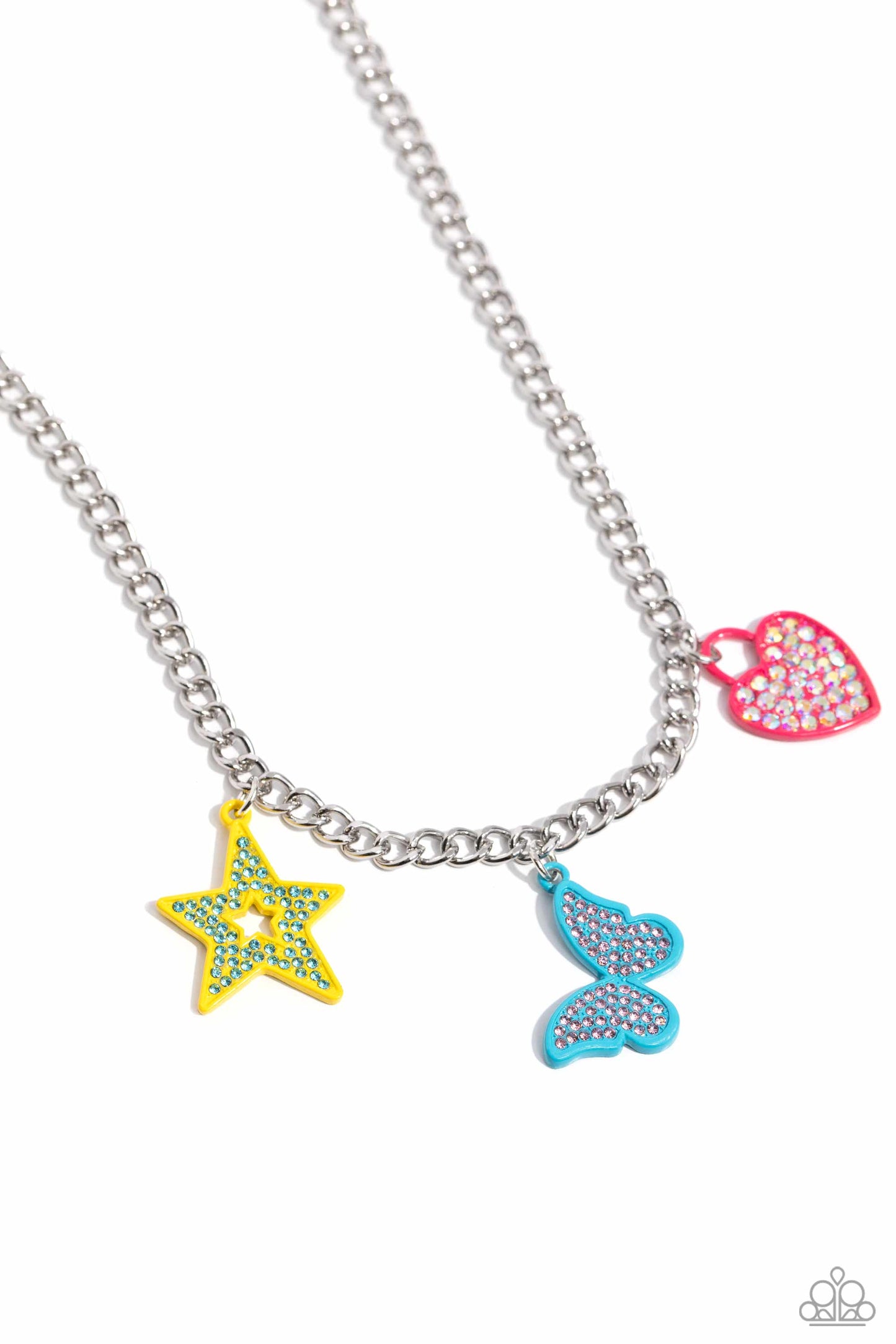 Sensational Shapes - Multi Color Star Butterfly Heart Charm Rhinestone Silver Short Necklace - Life of the Party
