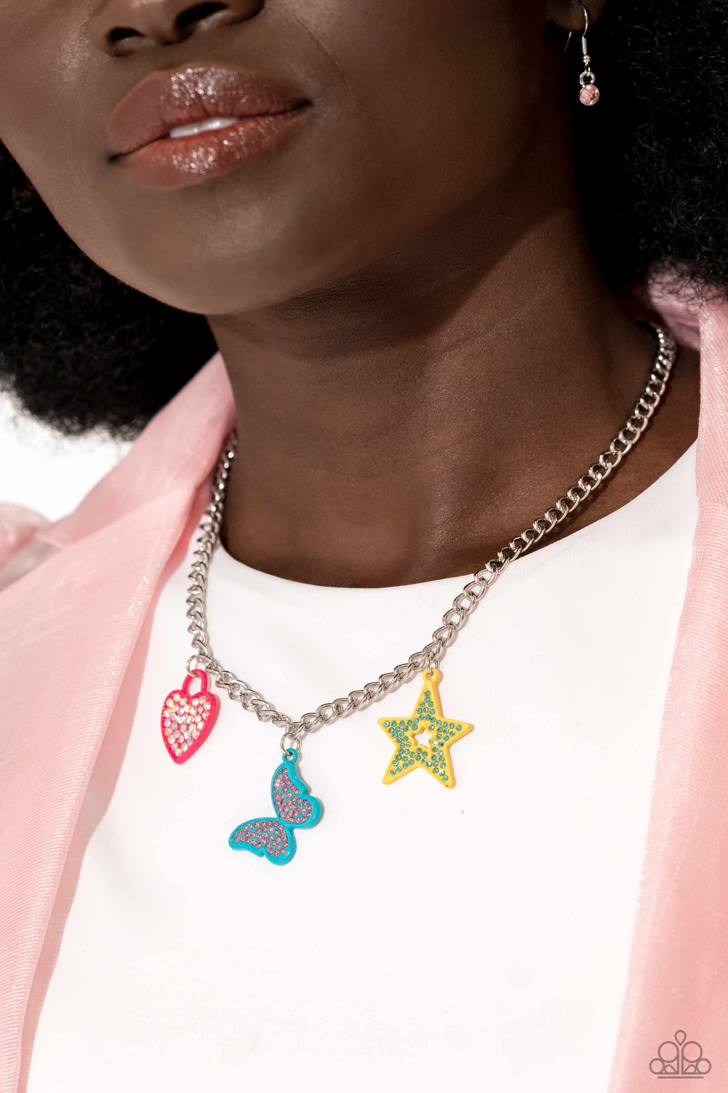 Sensational Shapes - Multi Color Star Butterfly Heart Charm Rhinestone Silver Short Necklace - Life of the Party