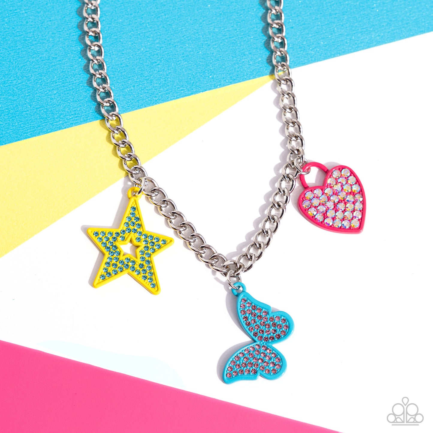 Sensational Shapes - Multi Color Star Butterfly Heart Charm Rhinestone Silver Short Necklace - Life of the Party