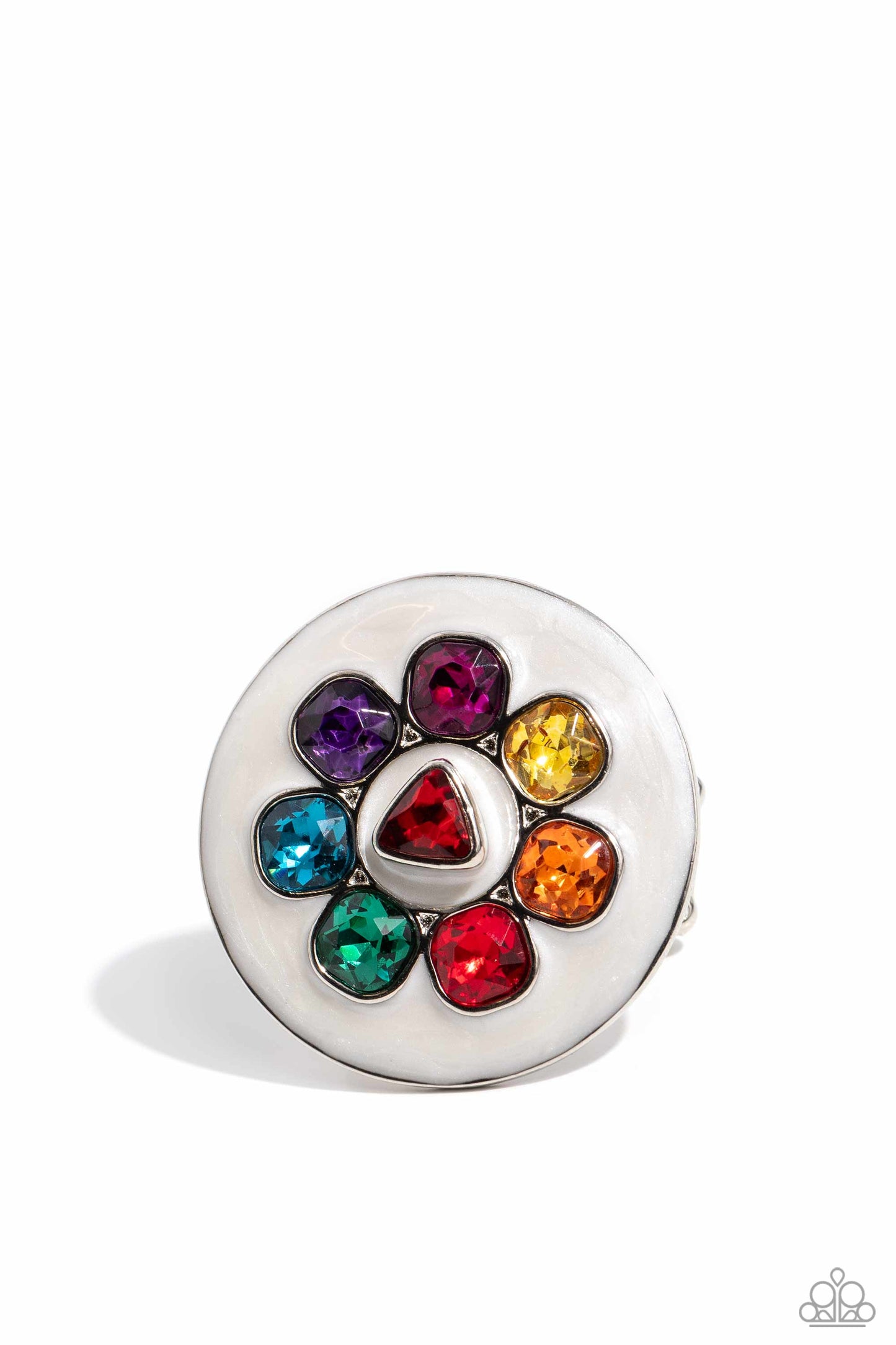 Captivating Centerpiece - Multi Color Gem White Circle Ring - Life of the Party