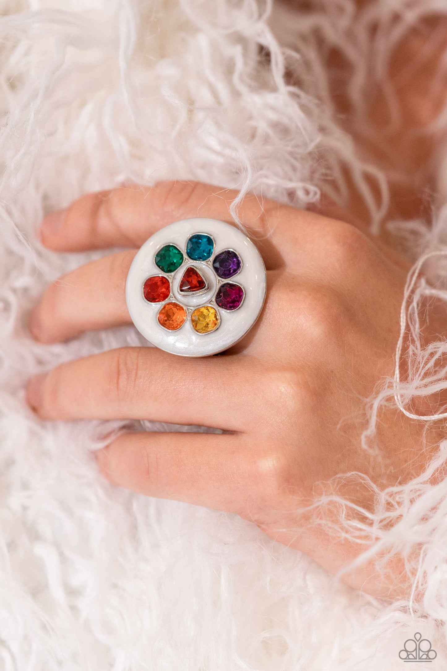 Captivating Centerpiece - Multi Color Gem White Circle Ring - Life of the Party