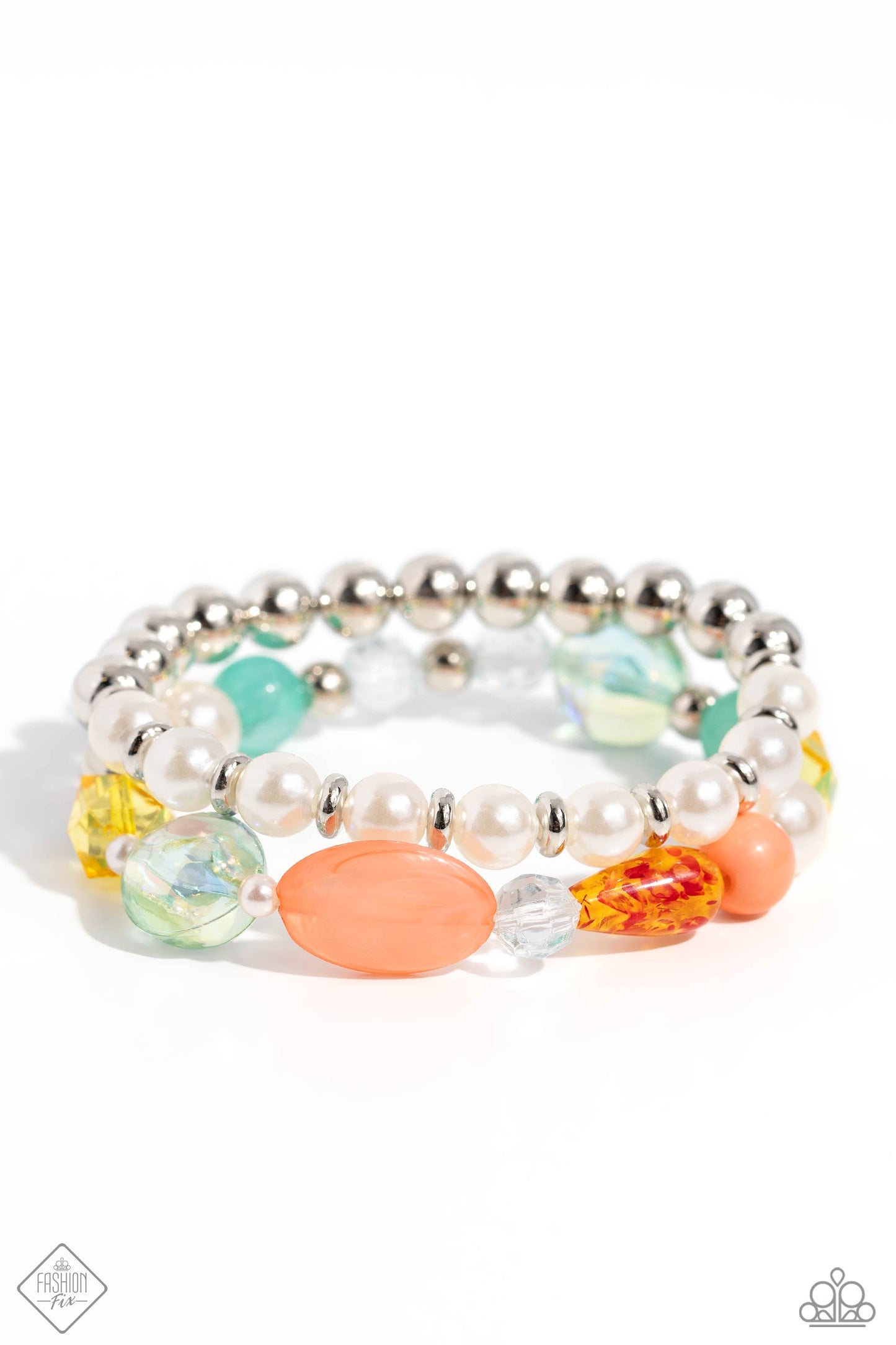 DAISY Town - Multi Color Iridescent Bead Pearl Silver Stretchy Bracelet Set - Fashion Fix