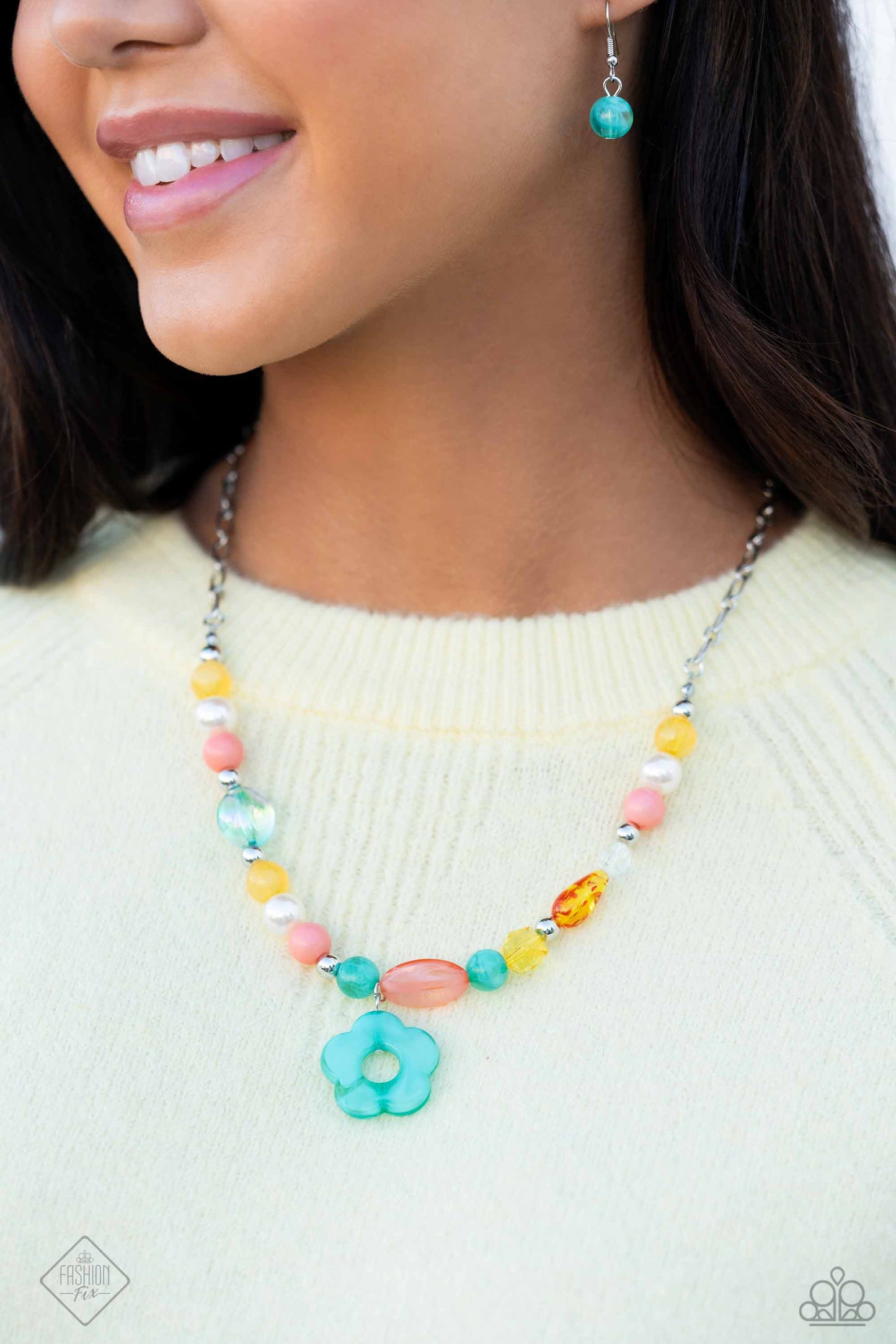 DAISY About You - Multi Color Floral Iridescent Bead Silver Short Necklace - Fashion Fix