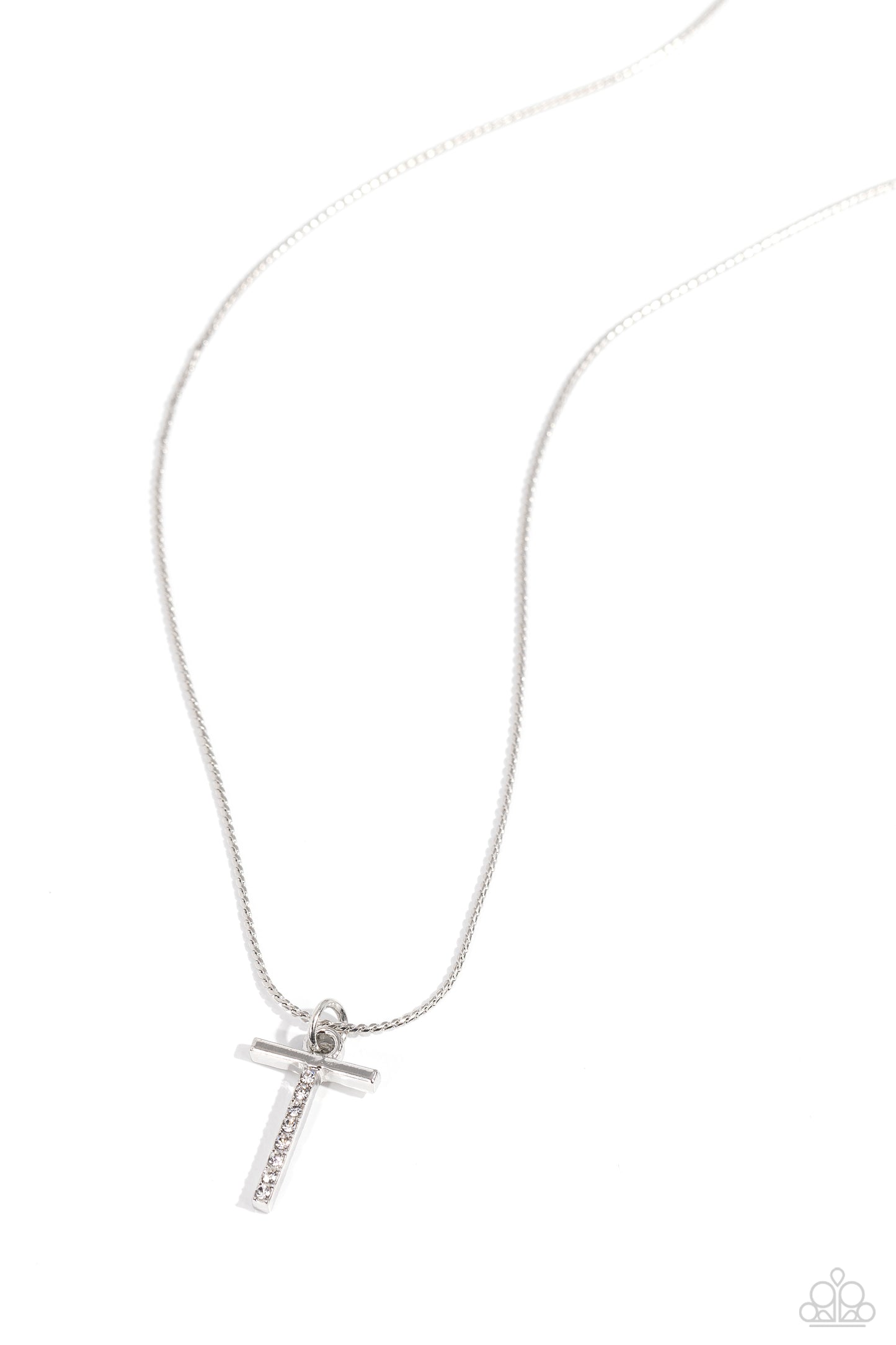 Letter of the Law - White T Rhinestone Silver Alphabet Initial Short Necklace