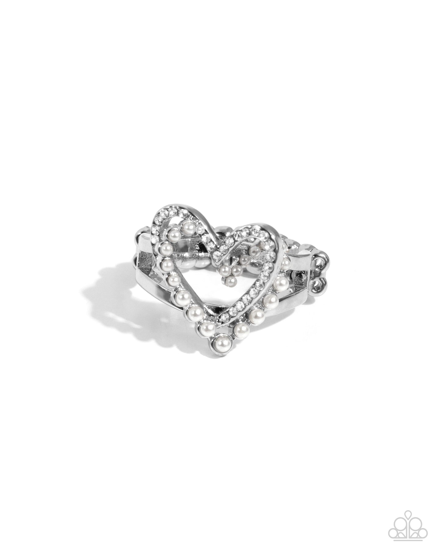 Just a Crush - White Pearl Rhinestone Heart Silver Ring