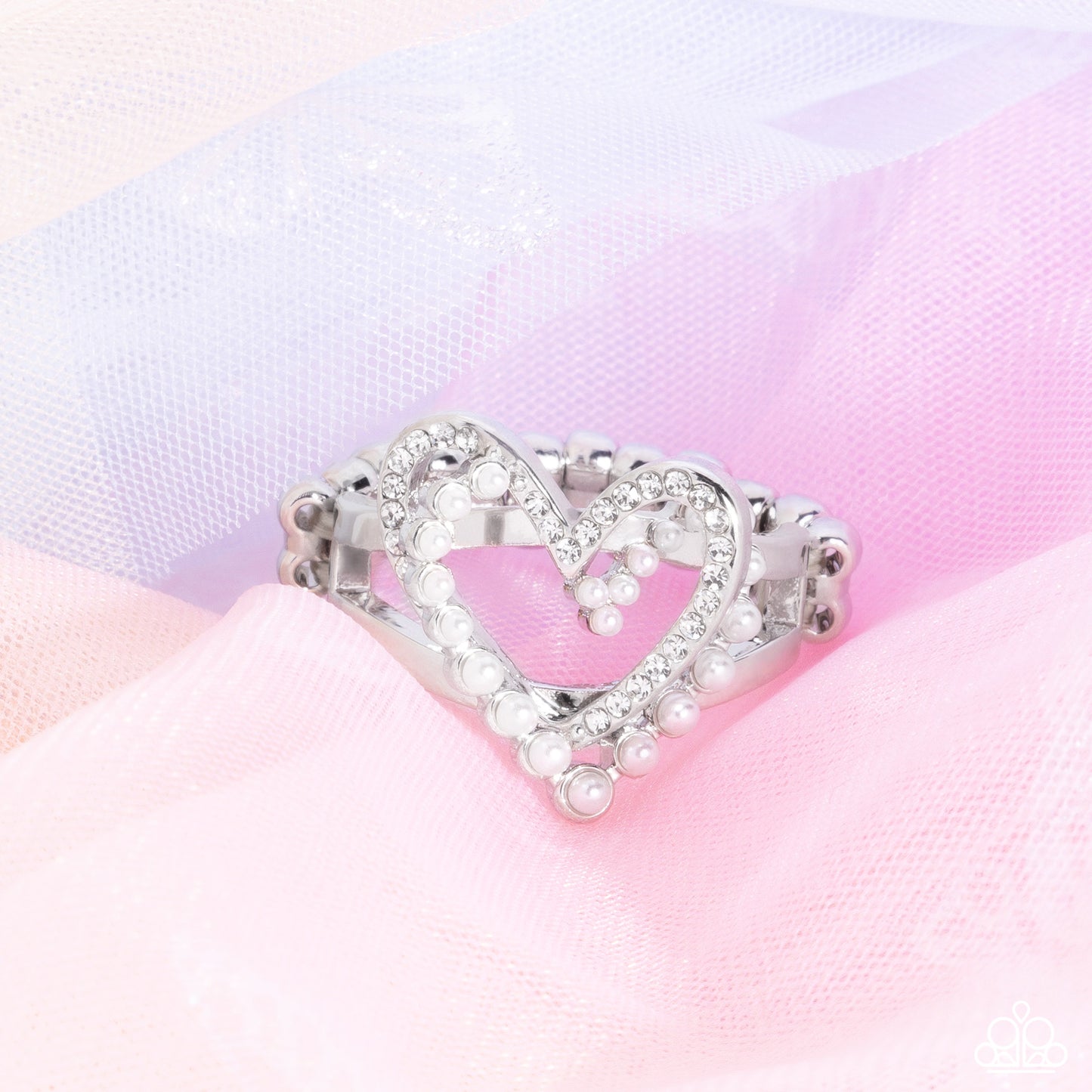 Just a Crush - White Pearl Rhinestone Heart Silver Ring