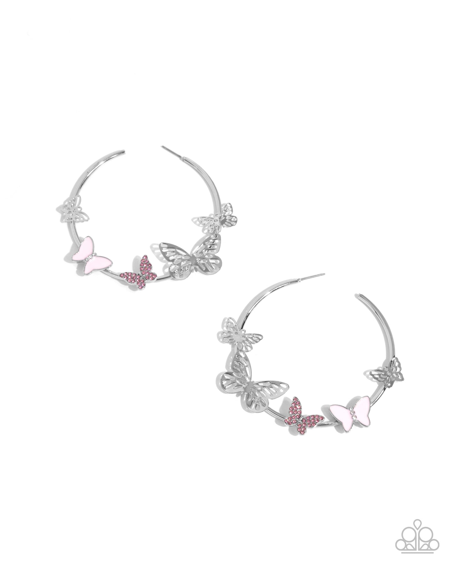 Aerial Allegiance - Pink Rhinestone, Pink Rose, Silver Butterflies Silver Hoop Post Earrings