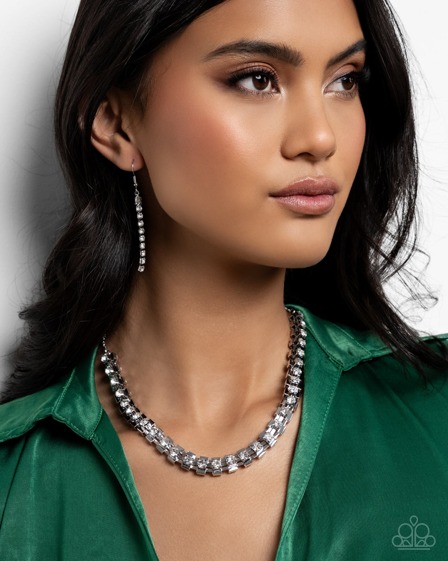 Linked Lady - White Rhinestone Silver Short Necklace