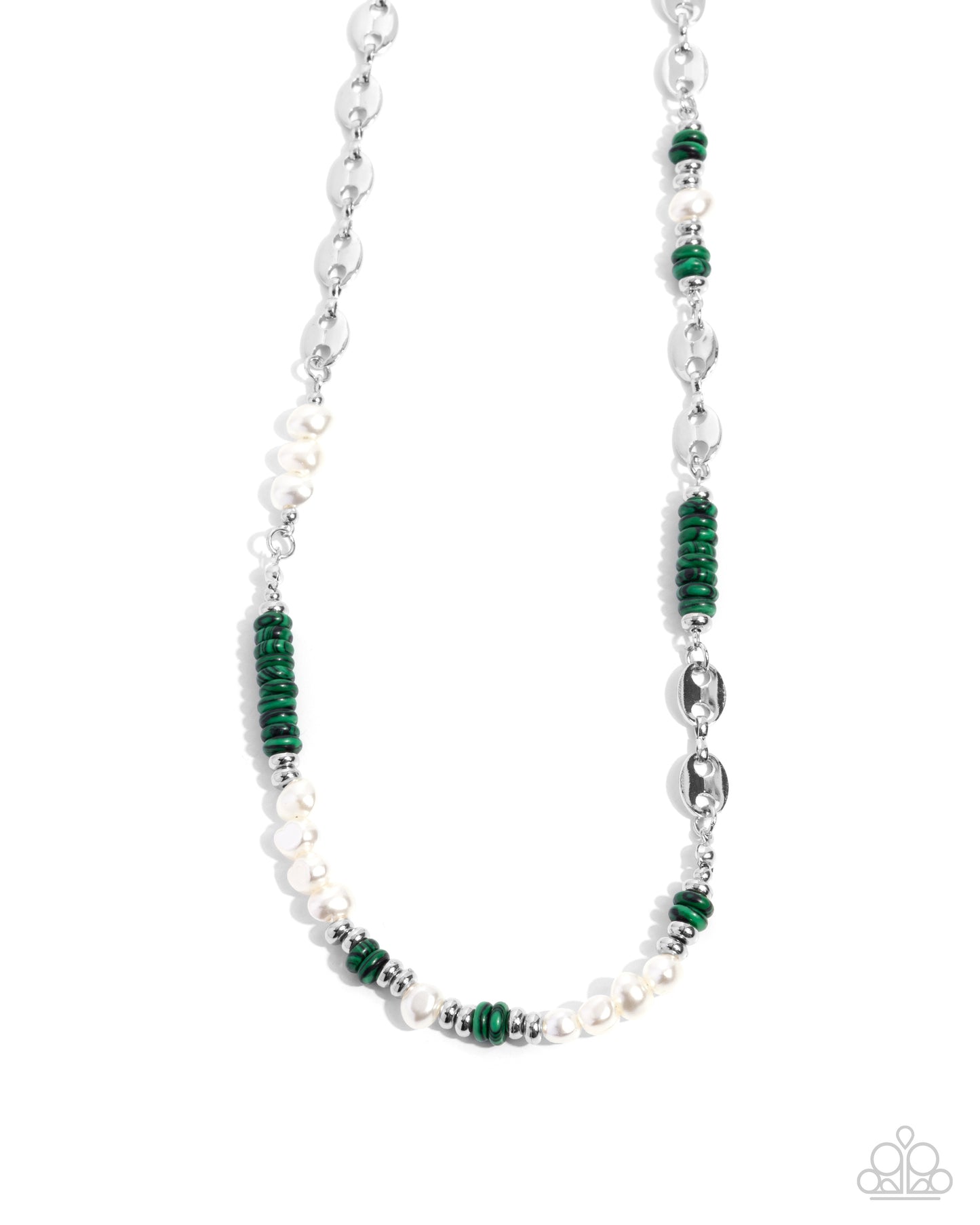 Wholesome Wanderlust - Green Bead White Pearl Silver Short Necklace