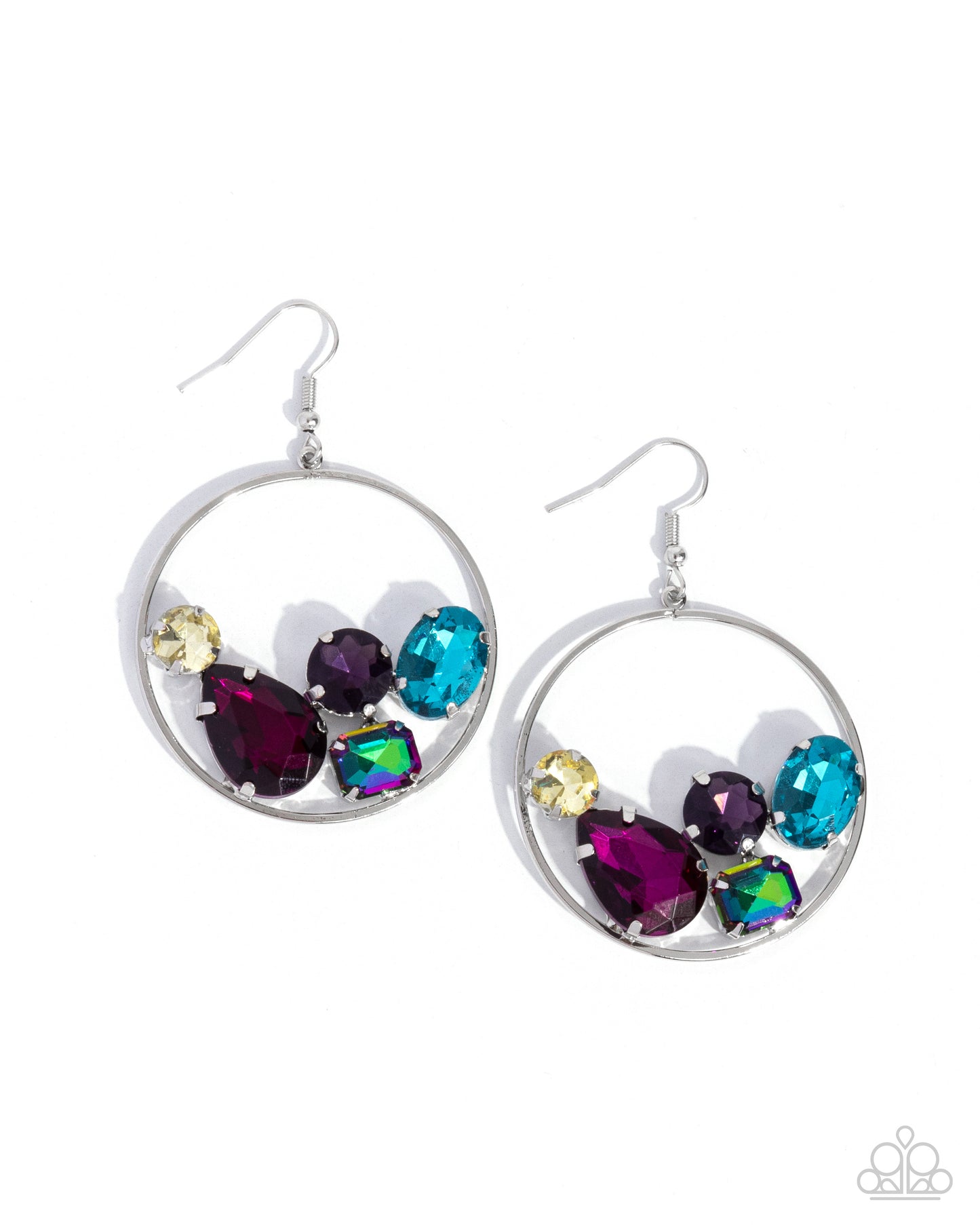 Treasure Timbre - Multi Color UV-Splashed Gems Nestled in Silver Hoop Fishhook Earrings