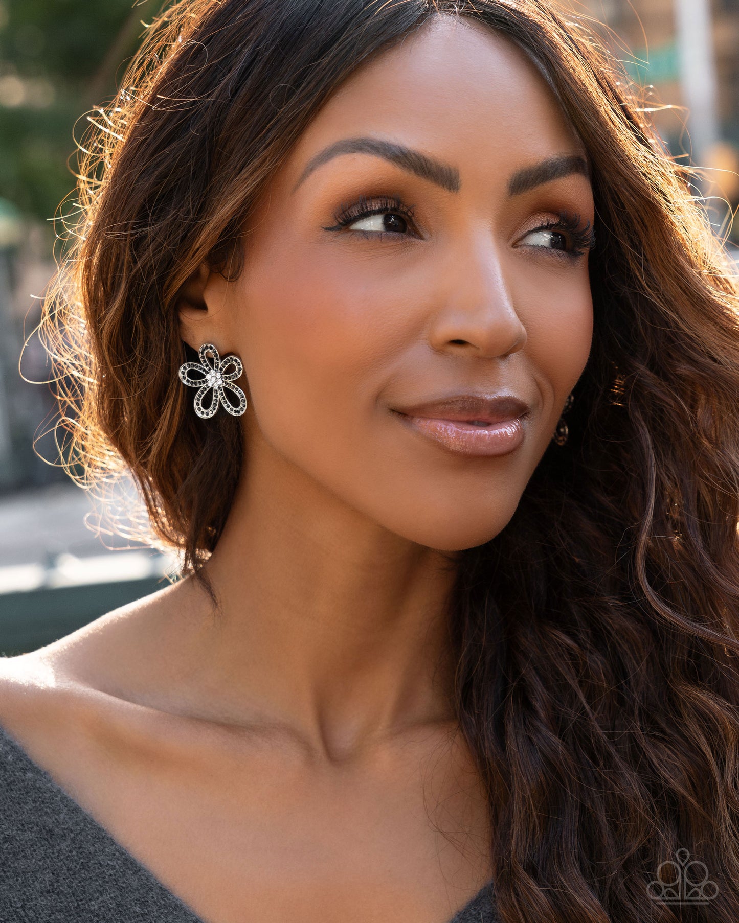 Blooming Belle - Black Rhinestone Silver Flower Post Earrings