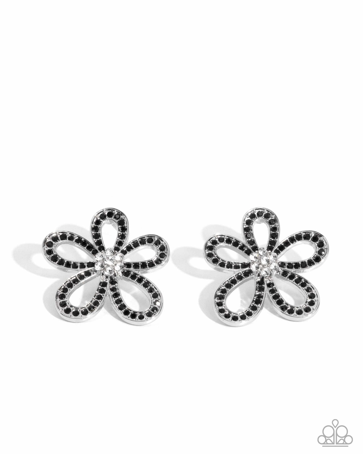 Blooming Belle - Black Rhinestone Silver Flower Post Earrings