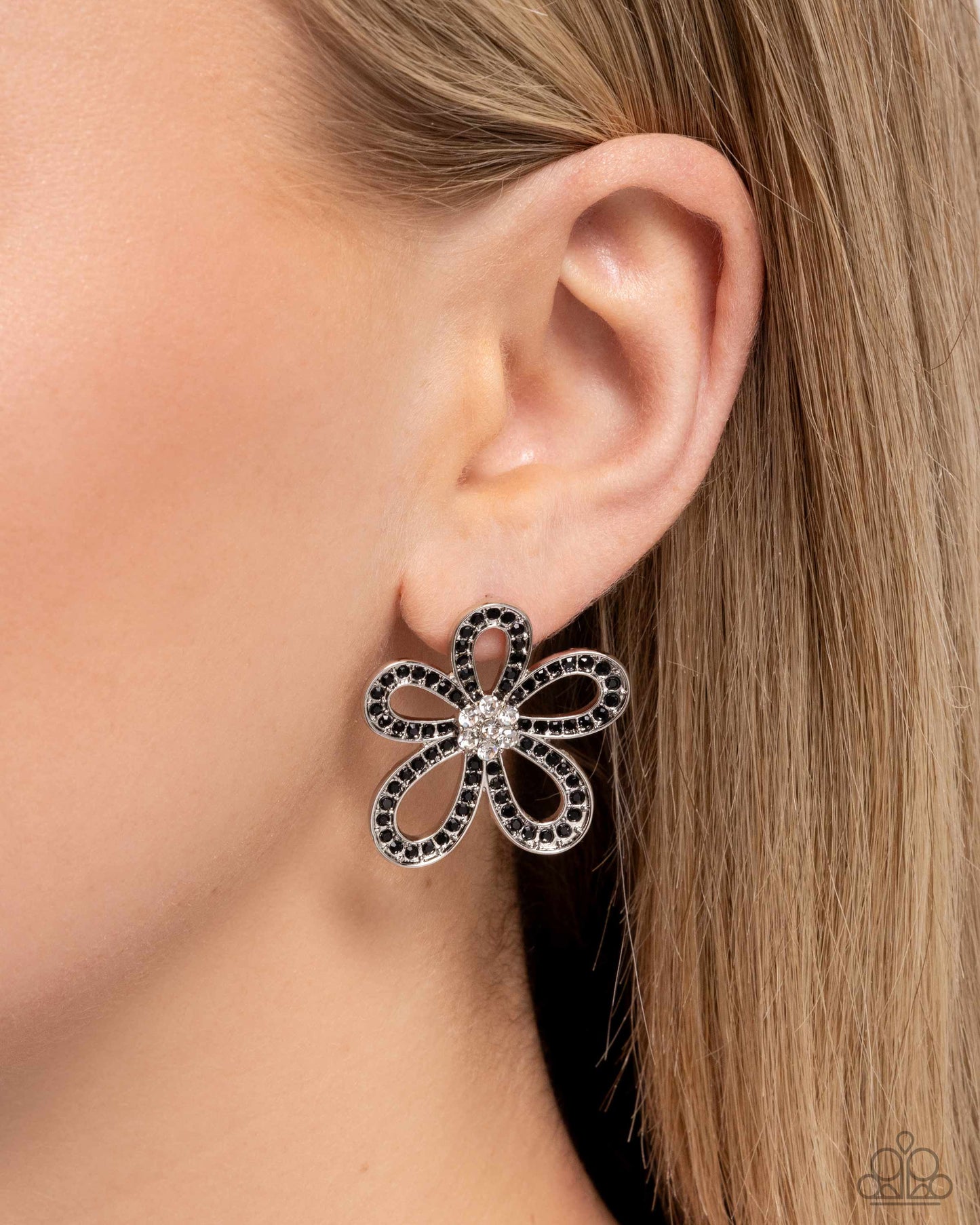 Blooming Belle - Black Rhinestone Silver Flower Post Earrings