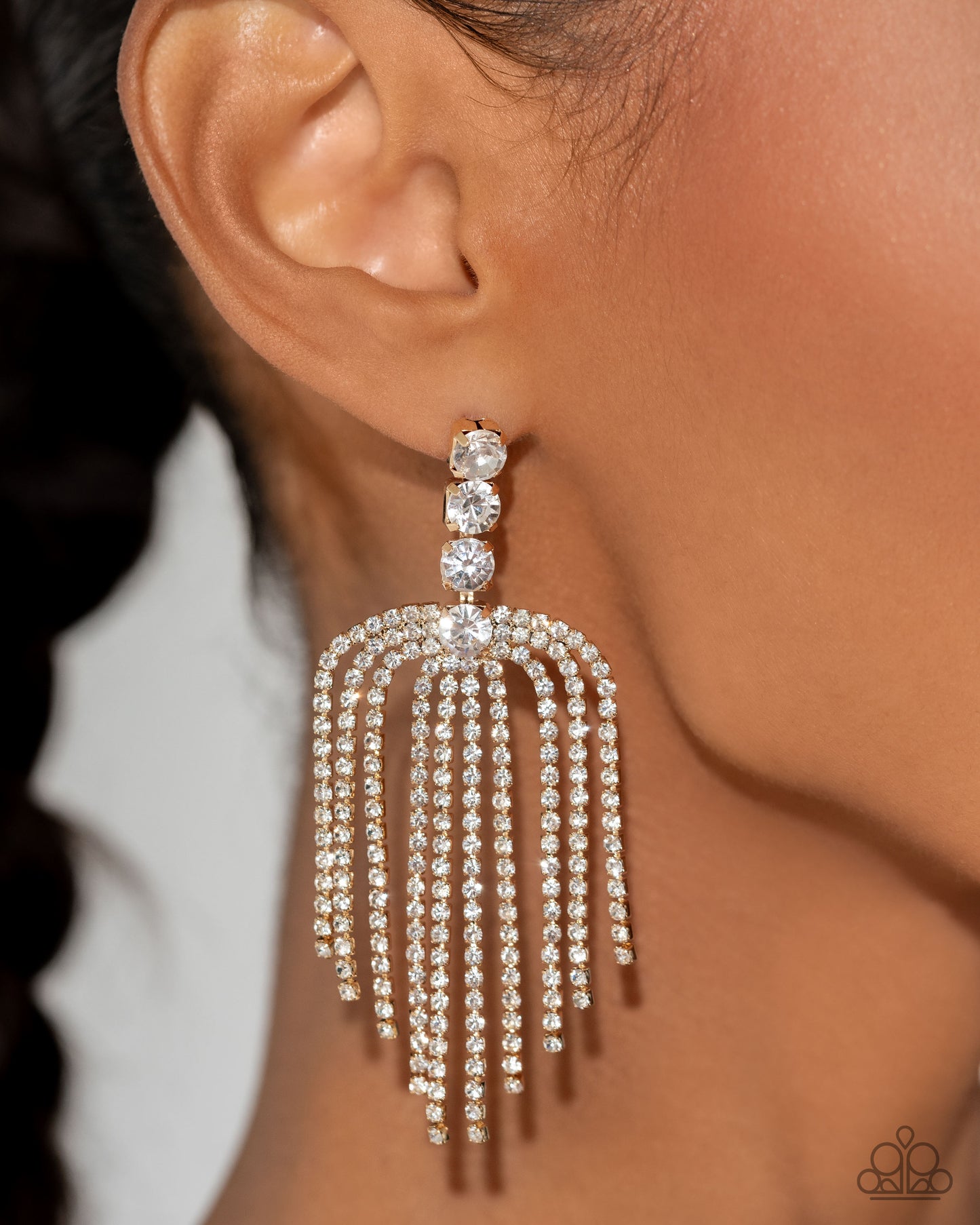 Tapered Twilight - Gold White Rhinestone Fringe Post Earrings - Life of the Party