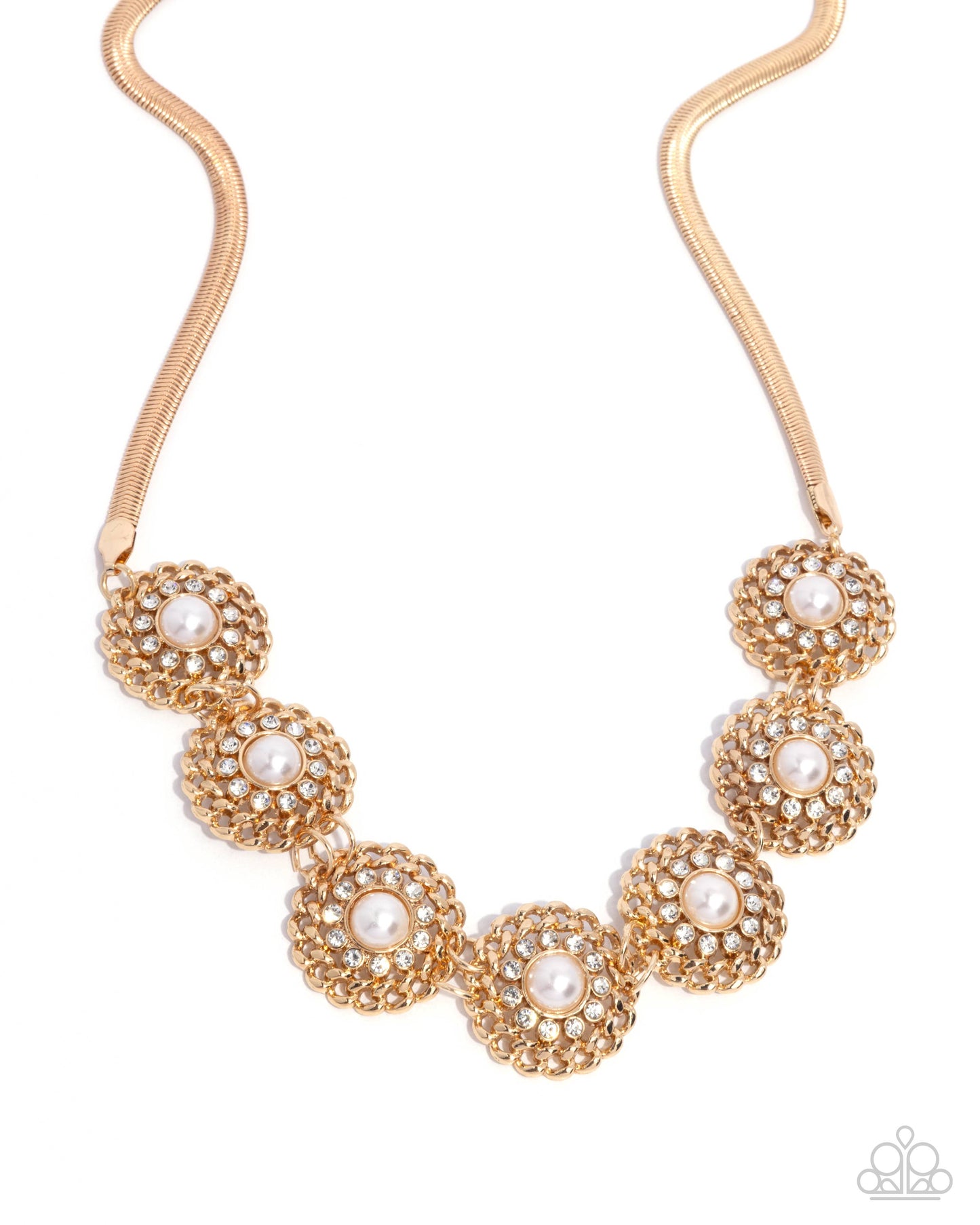 Doll House - Gold Medallion White Pearl Rhinestone Short Necklace