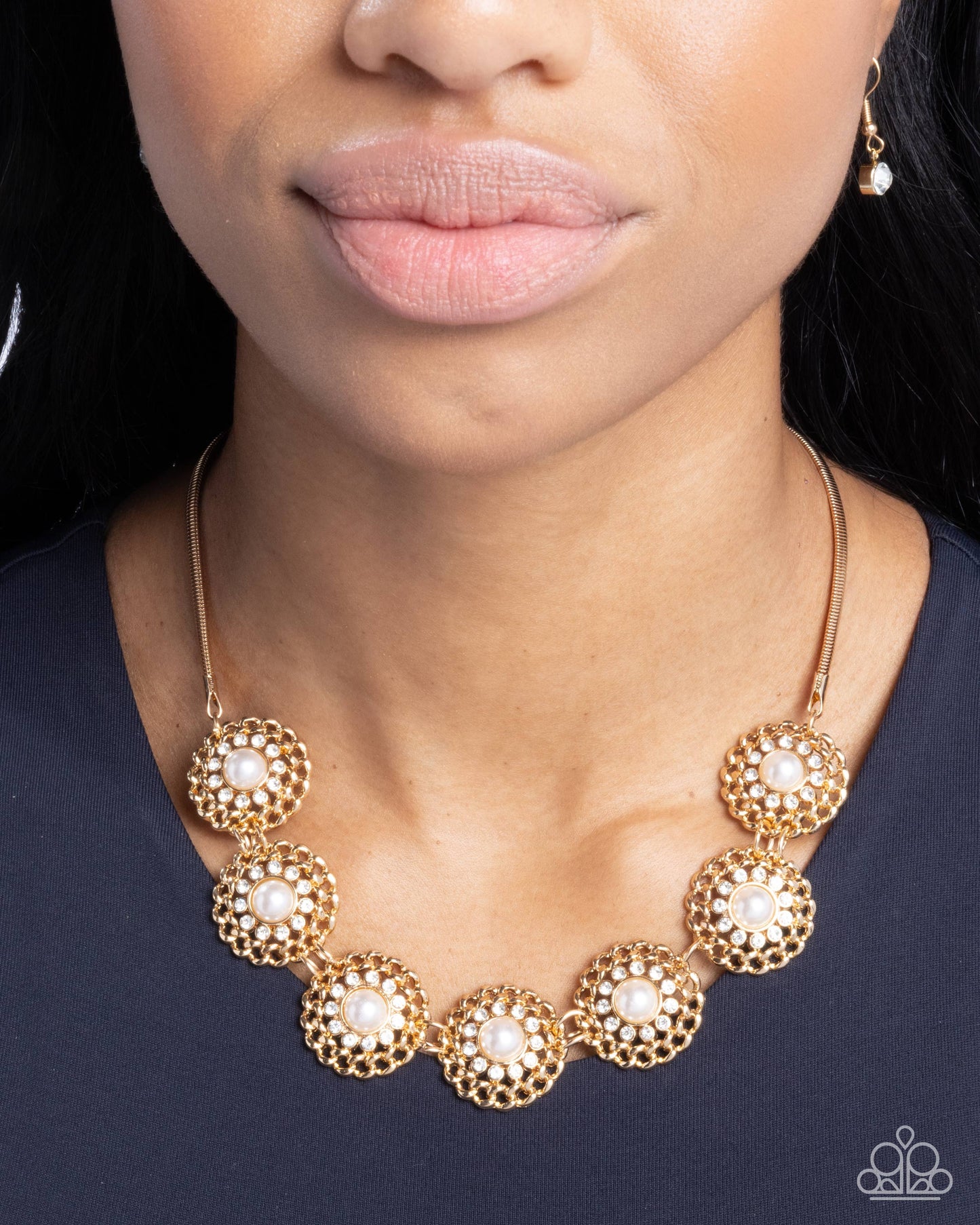 Doll House - Gold Medallion White Pearl Rhinestone Short Necklace