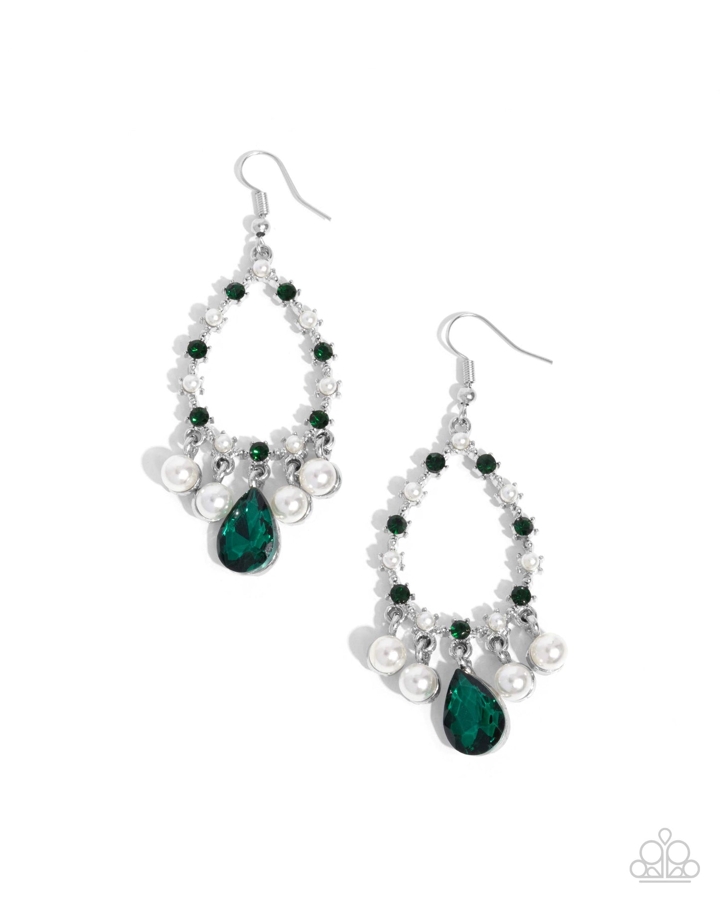 Baroness Behavior - Green Gem and Rhinestones, White Pearls, Silver Fishhook Earrings
