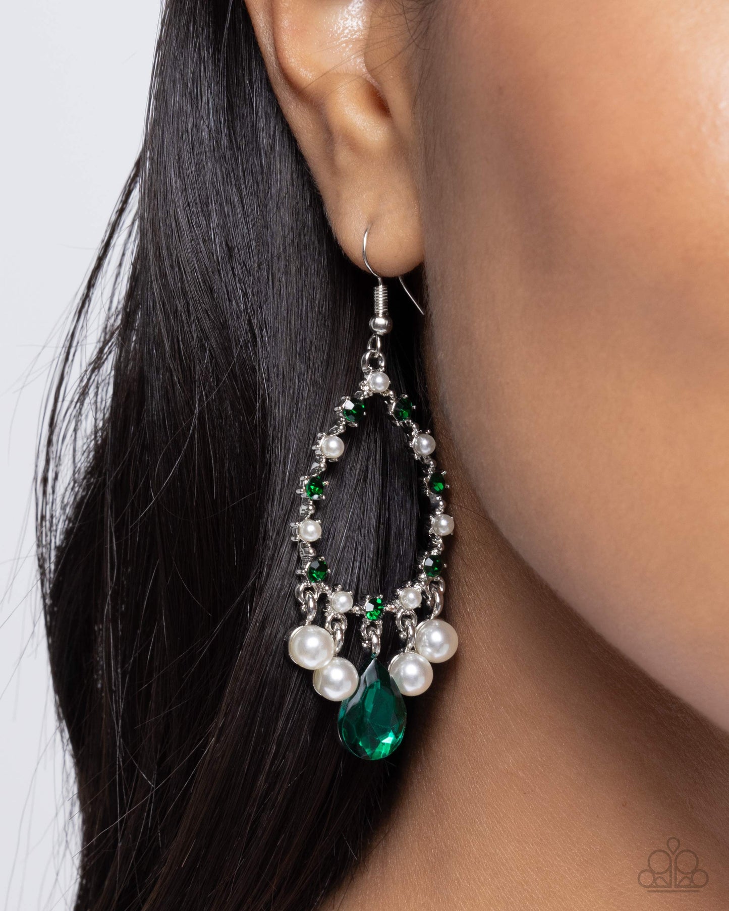 Baroness Behavior - Green Gem and Rhinestones, White Pearls, Silver Fishhook Earrings