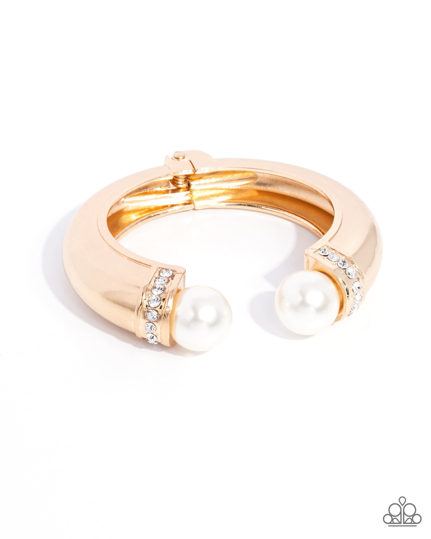 Breathtaking Balance - Gold Hinge Hoop White Pearl and Rhinestone Bracelet