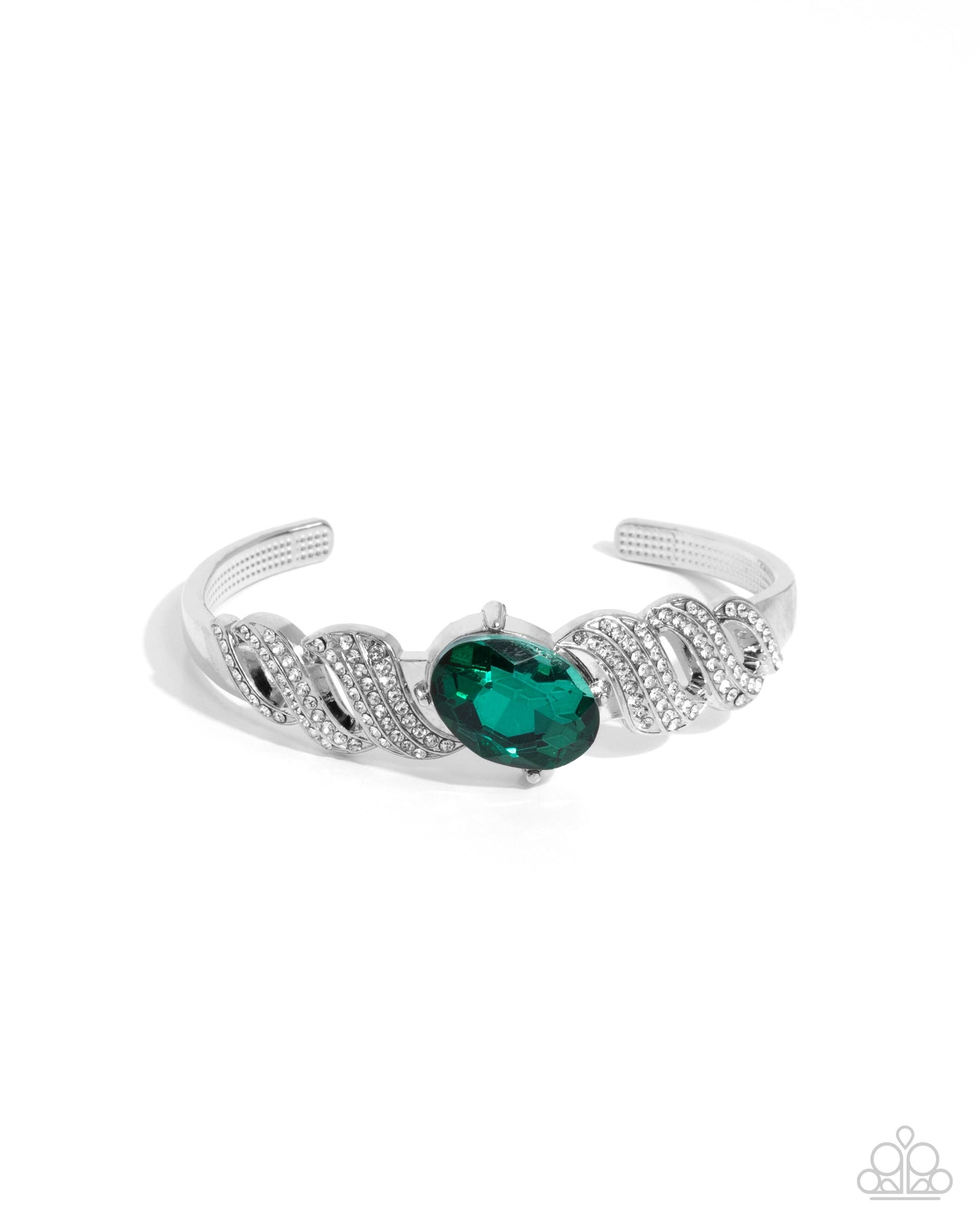 Sentimental Society - Green Gem White Rhinestone Silver Cuff Bracelet