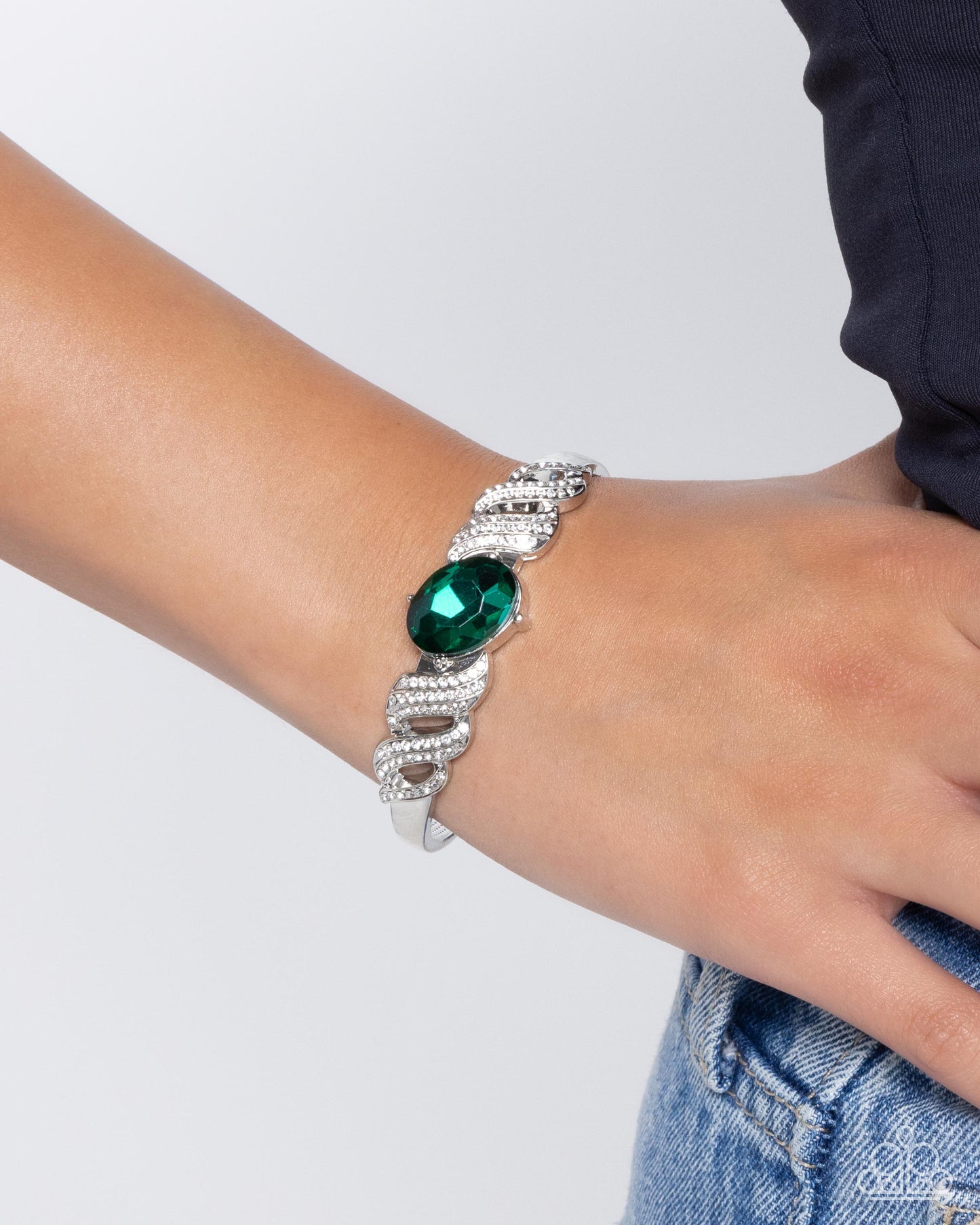 Sentimental Society - Green Gem White Rhinestone Silver Cuff Bracelet