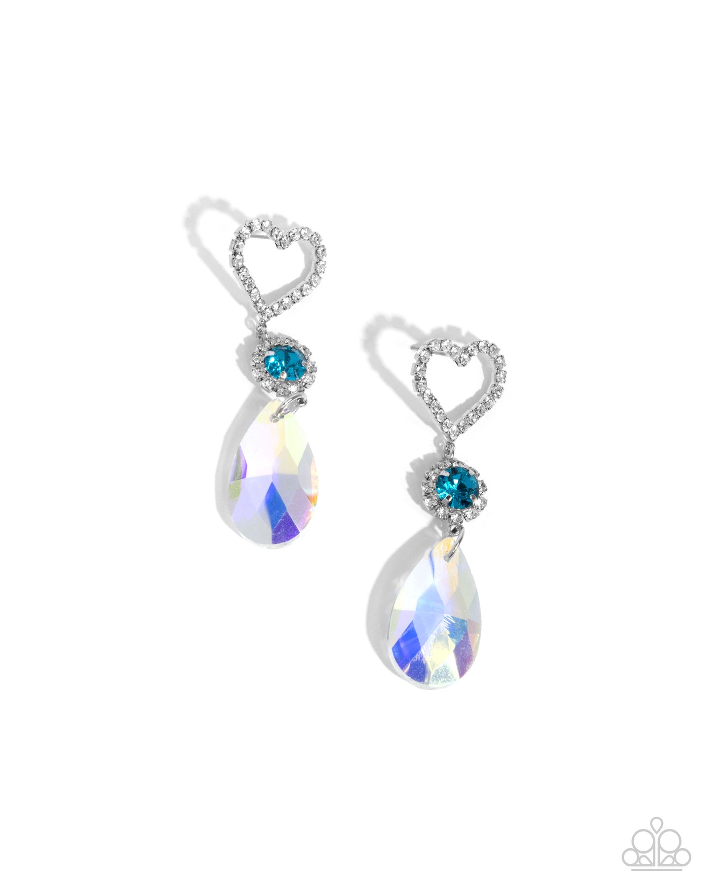 Faceted Frenzy - Blue Iridescent Gem Silver Heart Post Earrings