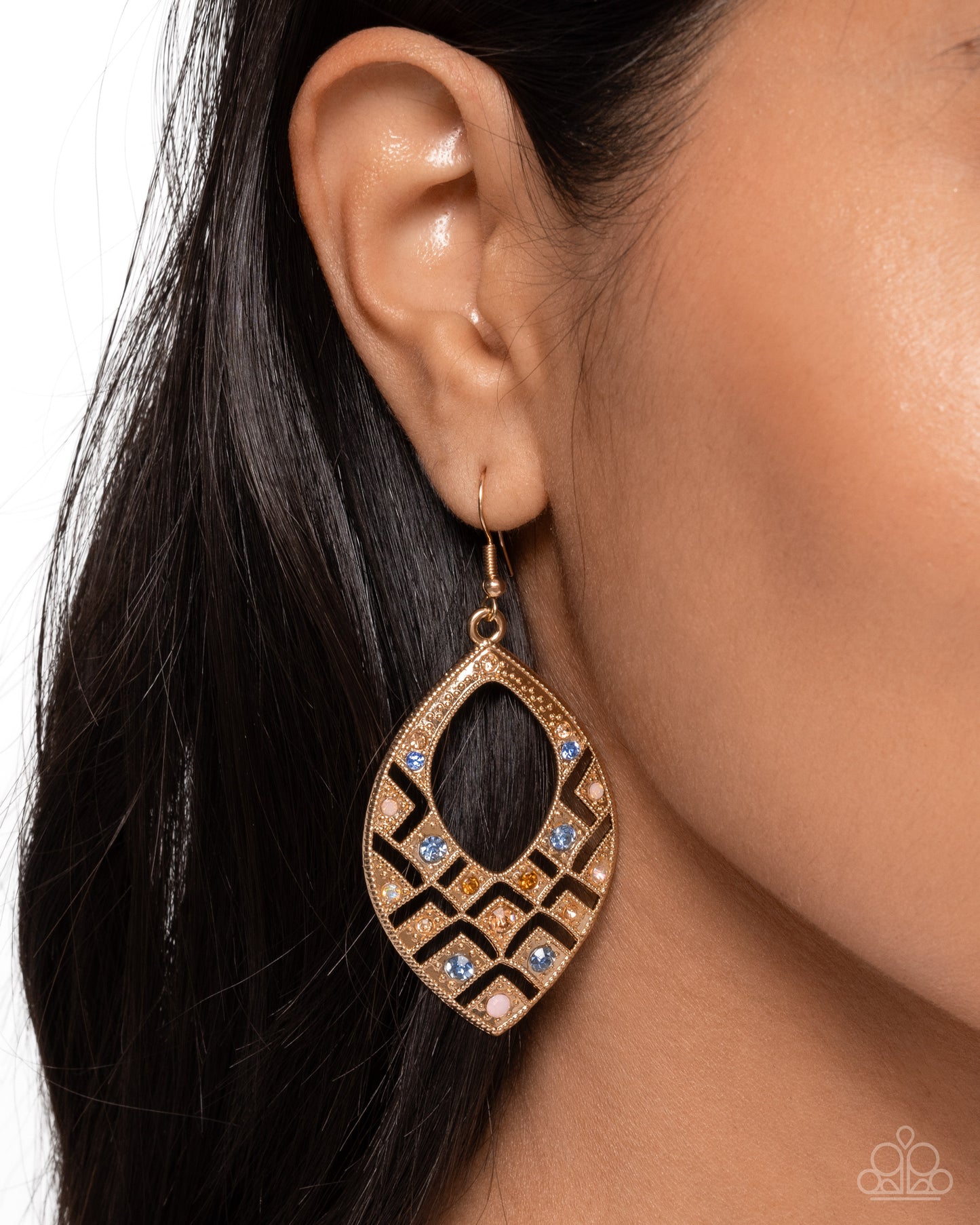 Glittery Gaze - Multi Color Rhinestone Gold Teardrop Fishhook Earrings