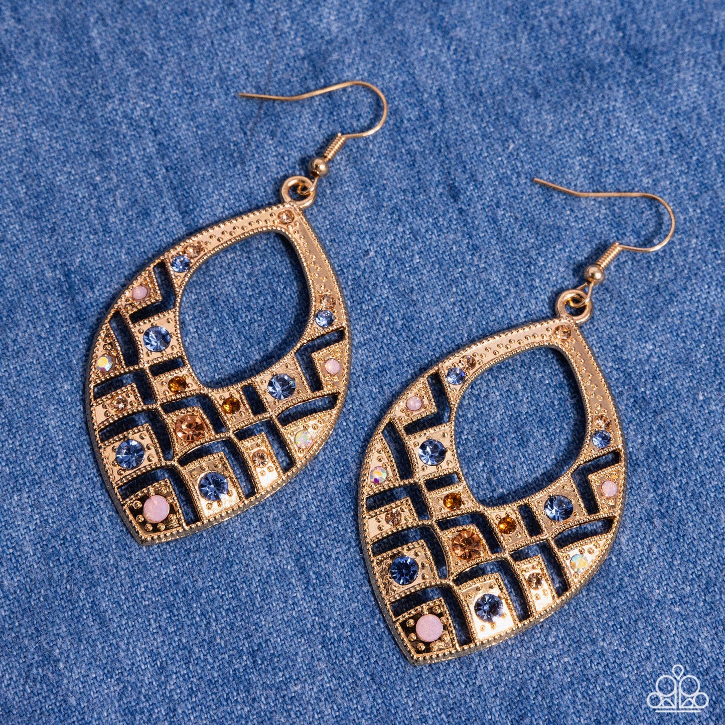 Glittery Gaze - Multi Color Rhinestone Gold Teardrop Fishhook Earrings