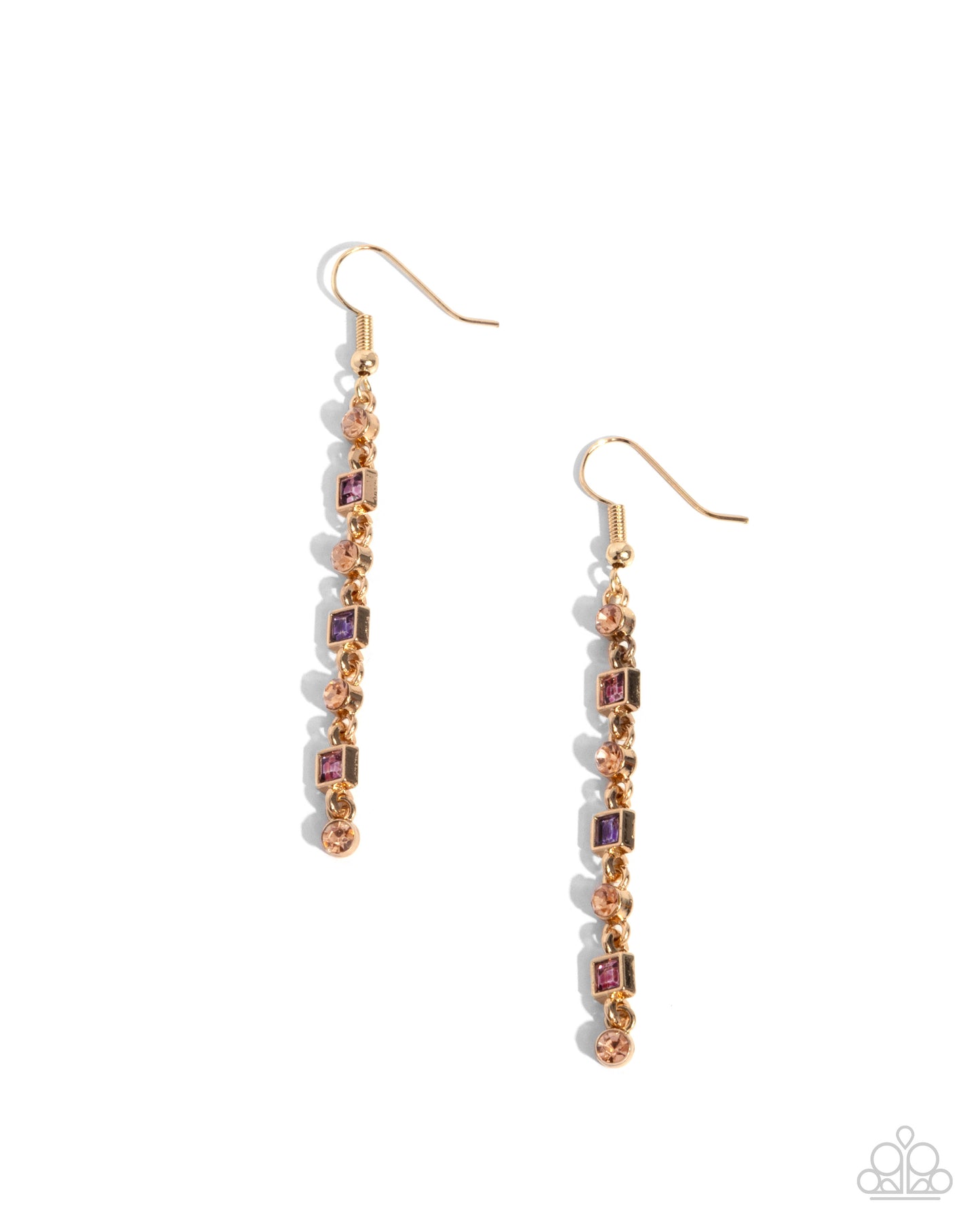 Square Slope - Purple Rhinestone Gold Fishhook Earrings