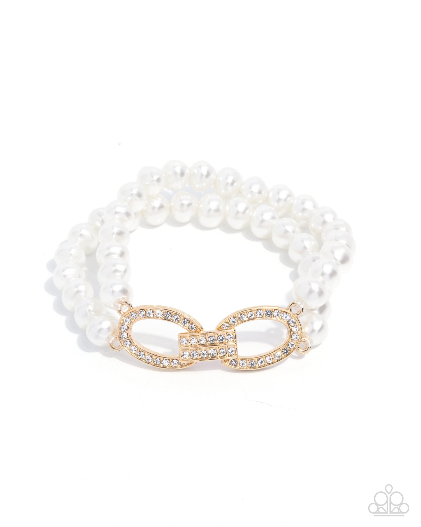Fancy-Free Fanfare - Gold Metal White Rhinestone Pearl Stretchy Bracelet