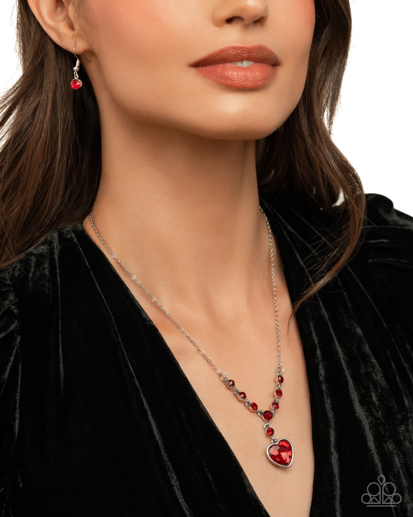 Fresh Fondness - Red Gem Hear Silver Short Necklace